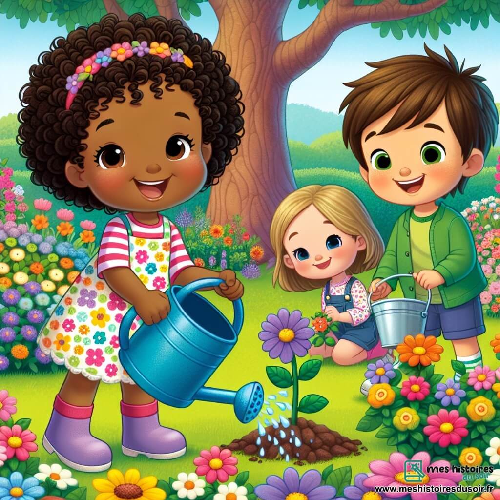 Lila, une petite fille de 6 ans aux cheveux bruns et bouclés, sourit en arrosant ses fleurs avec un arrosoir bleu dans un jardin coloré. À ses côtés, Max, un garçon de 6 ans aux cheveux blonds, l'admire tout en tenant un seau d'eau. Un peu plus loin, Zoé, une fille de 6 ans avec des cheveux longs, plante un gland dans le sol. Le jardin est rempli de fleurs éclatantes et d'un grand chêne majestueux. La scène illustre leur engagement à prendre soin de la nature et à lutter contre le changement climatique.