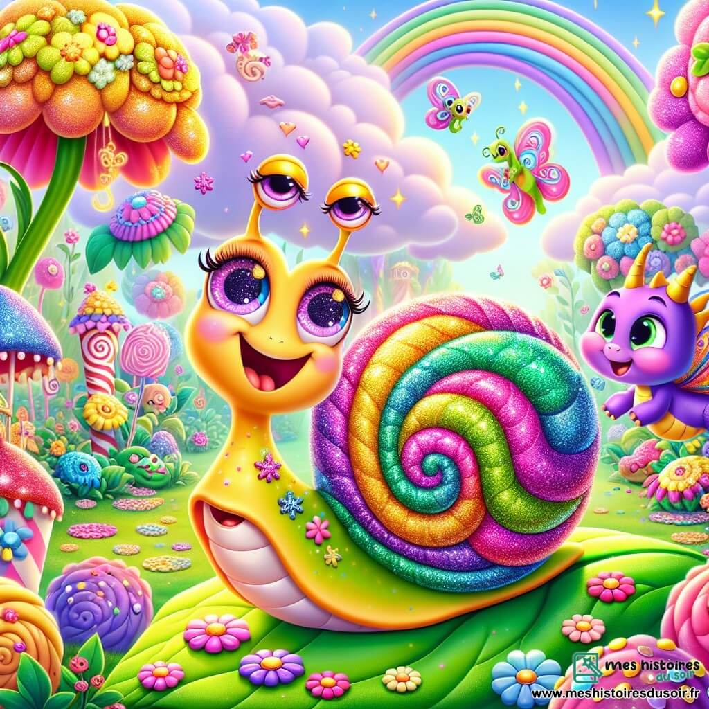 Au centre de l'image, une limace joyeuse nommée Limi, avec une coquille colorée en spirale ornée de paillettes, sourit en laissant derrière elle une traînée de lumière. Ses yeux brillent sous le soleil tandis qu'elle danse sur une feuille verte, ses antennes vibrantes au rythme de la musique. À côté, un dragon violet nommé Zippy, avec des ailes brillantes, effectue une pirouette dans les airs, montrant son enthousiasme. Le décor est un jardin féérique, rempli de fleurs géantes, de nuages en forme de barbe à papa et de maisons en bonbon, avec des bonbons tombant du ciel. Limi et Zippy préparent un grand bal dans le jardin, entourés de chaussettes dansantes et de fourmis joyeuses, prêts à célébrer l'amitié et la joie.