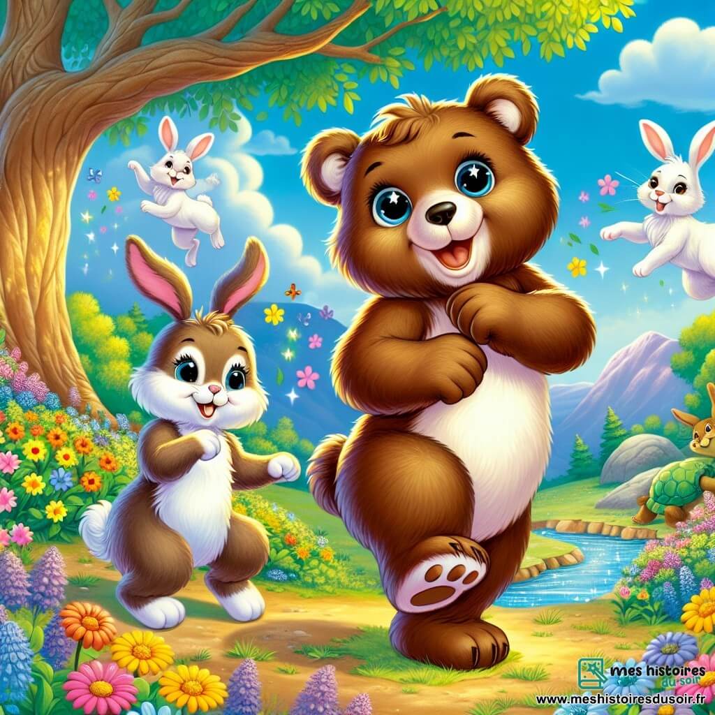 Dans une clairière ensoleillée, un petit ours brun nommé Oscar danse joyeusement parmi des fleurs colorées, tandis que sa maman, une grande ourse douce, l'observe avec fierté près d'un arbre. Des lapins sautent autour d'eux et une tortue se prélasse au soleil. L'endroit est rempli de couleurs vives et un ruisseau scintillant ajoute une touche de magie. Oscar et sa maman célèbrent le printemps avec leurs amis animaux, dans une ambiance de joie et d'harmonie.