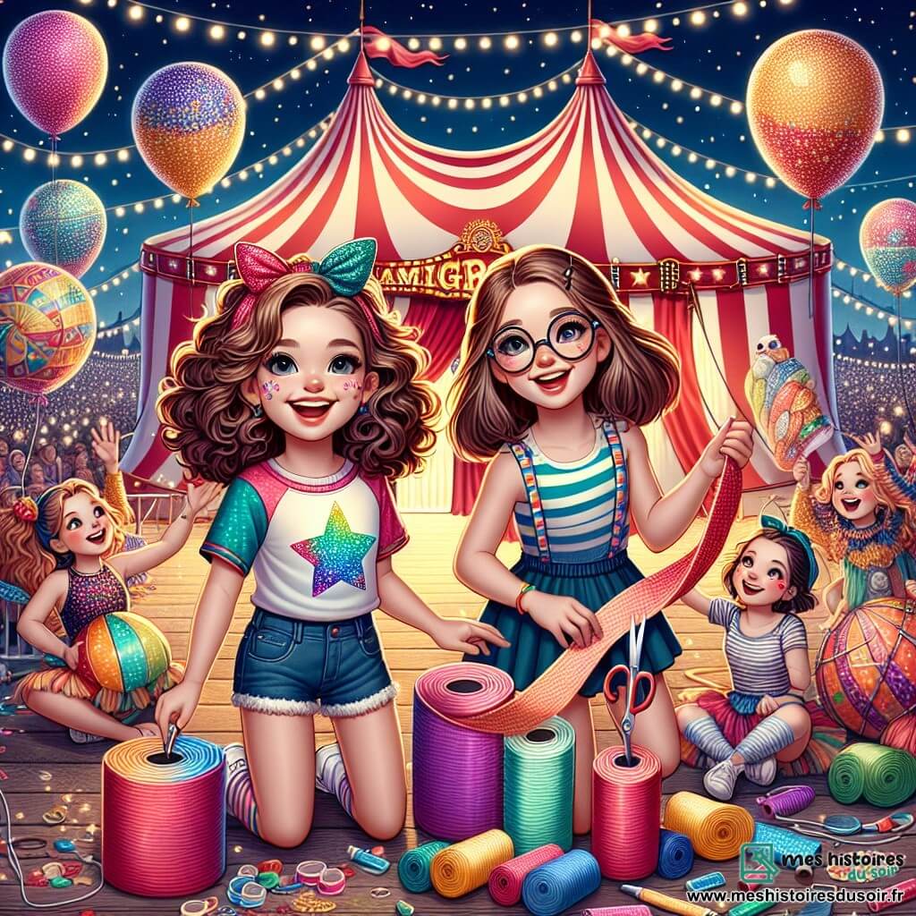 Deux filles, Lila et Zoé, âgées de 12 ans, se tiennent au centre de la scène. Lila, avec ses boucles brunes, porte un t-shirt coloré et un short en jean, tenant un ballon en forme d'étoile. Zoé, aux cheveux châtains et lunettes rondes, est en robe à rayures et a un rouleau de tissu coloré pour décorer les ballons. En arrière-plan, le chapiteau du cirque Magnifico, avec des rayures rouges et blanches, brille sous les lumières. Des artistes en costumes colorés jonglent et rient, tandis que des ballons géants flottent, illuminés par des guirlandes. Lila et Zoé collaborent avec les artistes pour créer des ballons géants colorés dans une ambiance joyeuse, prêtes pour la grande parade.