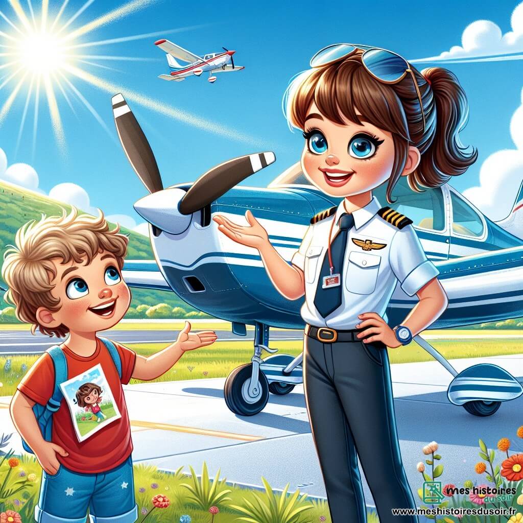 Claire, pilote d'avion, se tient à côté de son petit avion blanc, souriante et enthousiaste. Elle porte une combinaison de pilote bleue, avec des lunettes de soleil sur le front et des cheveux châtains en queue de cheval. Ses yeux brillent de passion alors qu'elle explique aux enfants comment piloter un avion. Lucas, un garçon de 8 ans, à ses côtés, écoute avec curiosité, levant la main pour poser une question. Emma, une fille de 7 ans aux cheveux bouclés, écoute attentivement, tenant un dessin de nuages. L'aérodrome ensoleillé est entouré de collines verdoyantes et de fleurs colorées, avec un ciel bleu et quelques nuages. Claire partage sa passion pour l'aviation, montrant aux enfants les différentes parties de l'avion et captivant leur attention avec ses récits d'aventure.