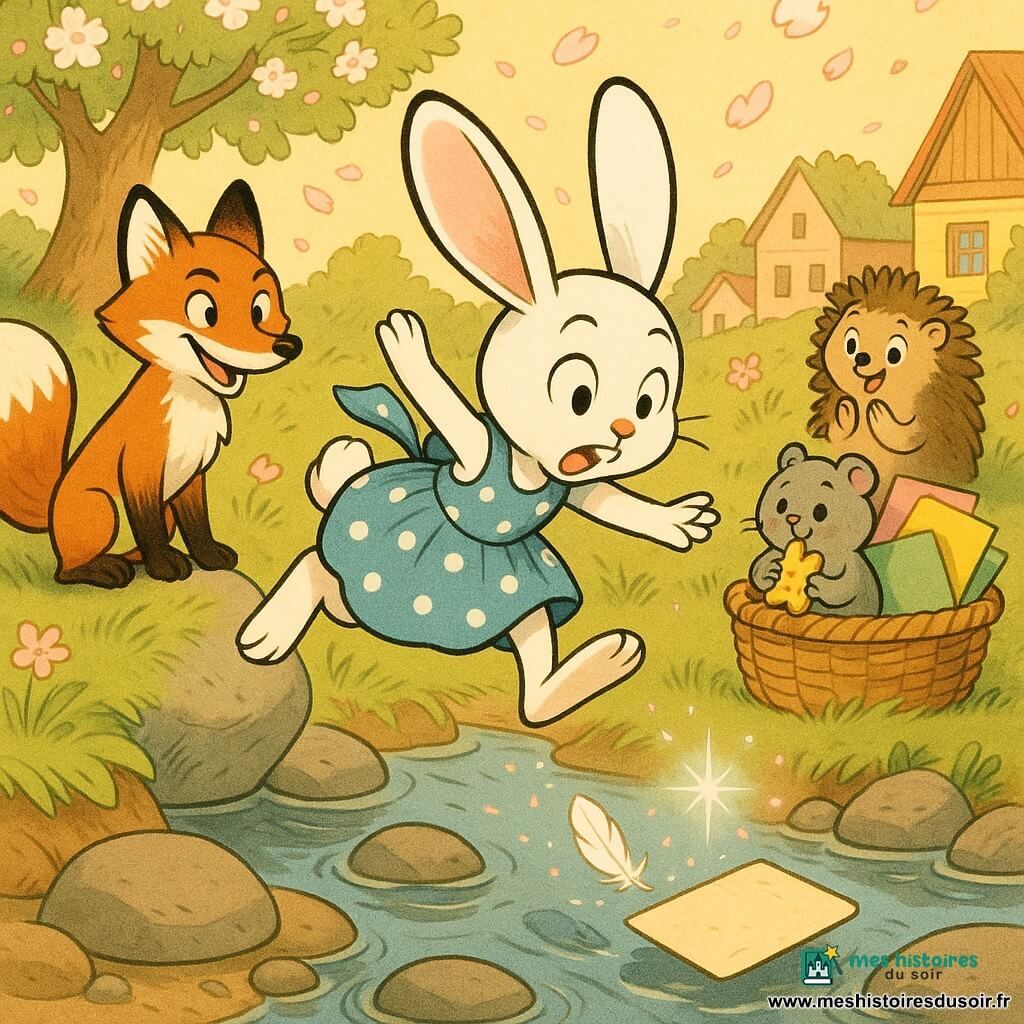 Cocotte, petite lapine blanche aux grandes oreilles roses en tablier bleu à pois, saute pour attraper une carte glissant vers un ruisseau pendant qu'une minuscule plume magique lumineuse scintille à proximité; à gauche, Renard, renard roux malicieux sur une pierre, est prêt à aider; Émilie, souris grise ronde, tient un biscuit en forme de lapin et observe inquiète depuis le panier, et Dodo, hérisson brun, applaudit derrière le panier. La scène se passe dans une clairière printanière avec herbe verte, ruisseau peu profond, panier en osier rempli de cartes colorées, maisons en bois pastel et grand arbre fleuri; des pétales tombent, la lumière est chaude et dorée, couleurs vives et textures de crayon, composition centrée sur le geste.