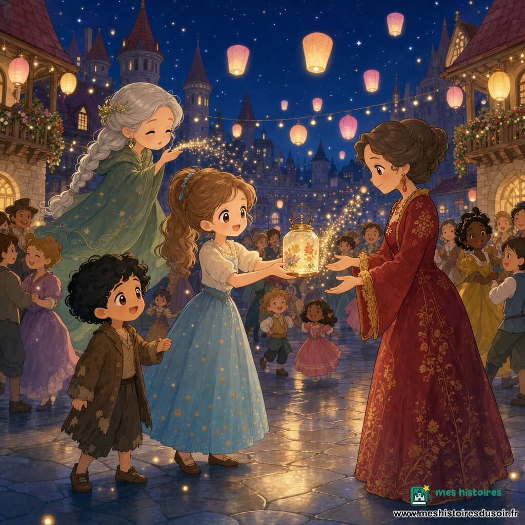 Cendrillon, adolescente aux cheveux châtains en queue de cheval, visage doux et sourire lumineux, porte une jupe bleue pastel parsemée de notes dorées et tend une lanterne en verre décorée de fleurs; derrière elle flotte une fée âgée aux cheveux gris tressés et manteau vert mousse soufflant une graine de lumière scintillante; à gauche, un garçon d'environ 6 ans aux cheveux bouclés noirs tient la main de Cendrillon et regarde la lanterne avec étonnement; à droite, la belle-mère au visage fermé mais attendri en robe à motifs rouges tend la main pour recevoir la lumière; toute la scène se déroule dans la cour pavée d'un château sous un ciel étoilé, lanternes flottantes jaunes et roses illuminant une foule diverse qui sourit et commence à danser; style kawaii minimal, formes arrondies, palette pastel avec touches dorées, éclairage doux et composition centrée sur la transmission de la lanterne.