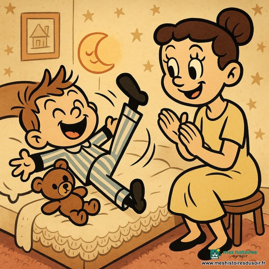 Un garçon de 4 ans malicieux en pyjama rayé bleu clair et blanc fait une petite pirouette sur un lit moelleux, bras raides comme une poupée. Sa mère d'environ 30 ans, cheveux en chignon et robe jaune pastel, est assise au bord du lit, applaudissant affectueusement. Un petit ours en peluche brun est serré contre lui. La chambre chaleureuse aux murs crème ornés d'étoiles, tapis rose, couverture en tricot et veilleuse lune orange crée une ambiance cocon, couleurs chaudes et style cartoon rétro.