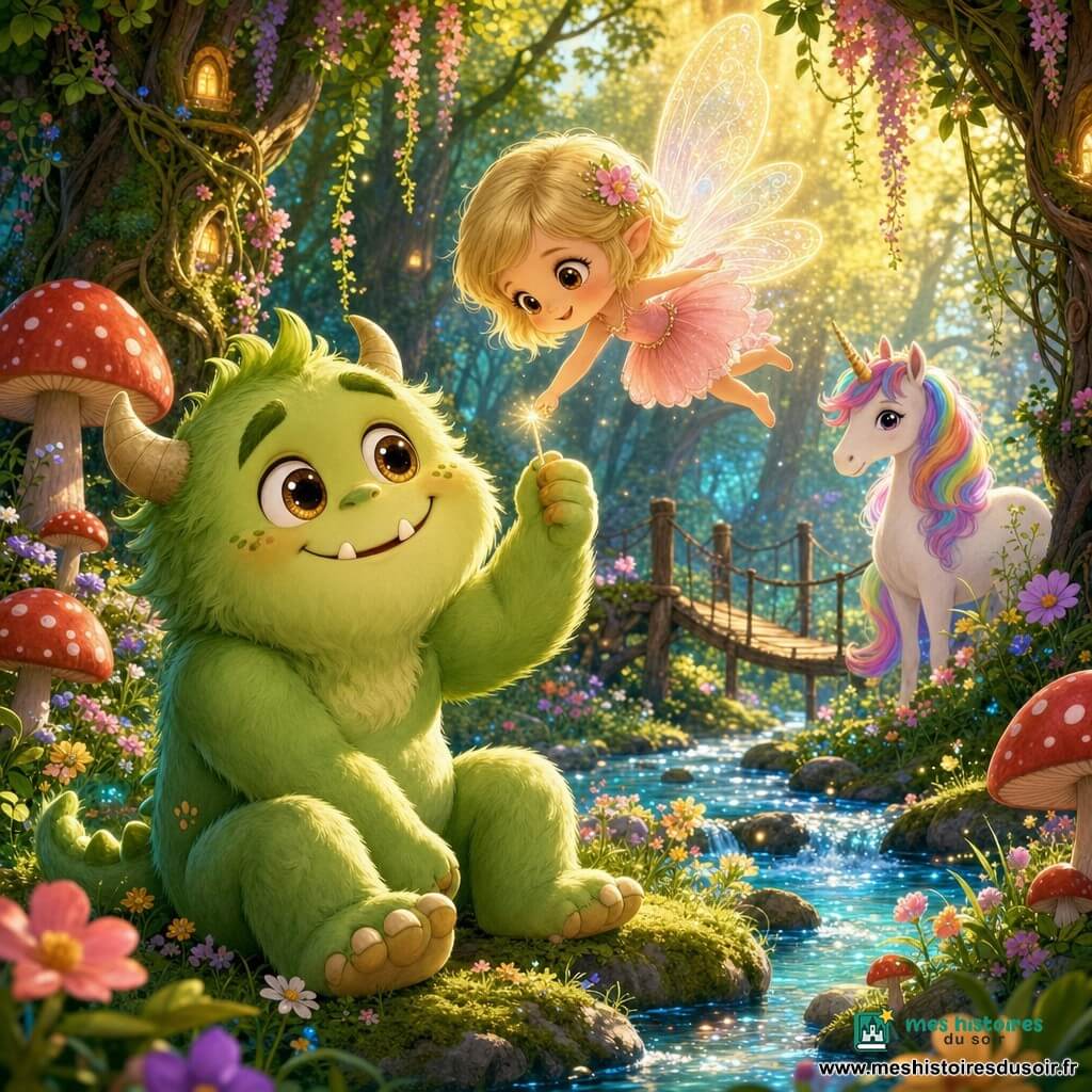 Léo, petit monstre timide au pelage vert pâle et yeux noisette, est assis sur la rive d’un ruisseau scintillant couvert de petites fleurs et tend la main pour aider Lola, une très petite fée aux cheveux blonds, robe rose pâle et ailes translucides tenant une main magique dorée; une licorne blanche à crinière arc‑en‑ciel les observe près d’un pont de bois, le tout dans une forêt enchantée aux arbres moussus, champignons rouges à pois blancs et rayons de soleil, ambiance douce, chaleureuse et rassurante, couleurs pastel, composition claire pour un enfant de 4 ans.
