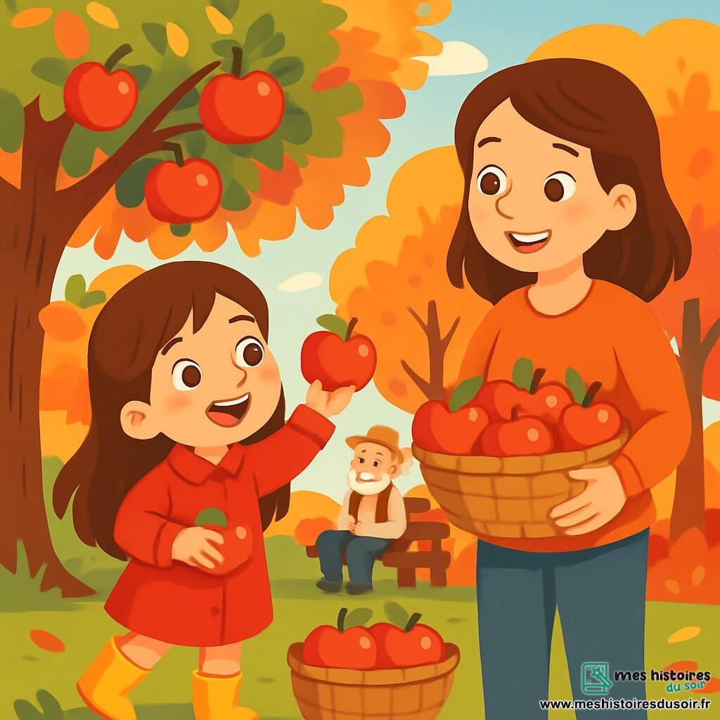 Lila, une petite fille de 6 ans avec de longs cheveux bruns, porte un manteau rouge et des bottes jaunes. Elle ramasse des pommes dans un verger, son visage plein d'excitation. Sa maman, une femme d'environ 30 ans avec des cheveux châtains, l'encourage en tenant un panier de pommes. En arrière-plan, Papy René, un homme âgé avec une barbe blanche, les observe assis sur un banc. Le verger est illuminé par une lumière dorée, avec des arbres aux feuilles colorées, créant une atmosphère automnale magique. Lila et sa maman s'amusent à cueillir des pommes, tandis que Papy René raconte une histoire sous un chêne.