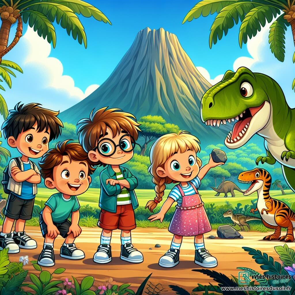 Quatre enfants souriants se tiennent ensemble. Léo, un garçon de sept ans aux cheveux bruns, pointe un dinosaure au loin. Mia, avec des cheveux blonds tressés et une robe rose, regarde le dinosaure avec surprise. Sam, portant des lunettes et un t-shirt vert, tient une pierre, tandis que Zoé, accroupie avec une casquette rouge, caresse un vélociraptor. En arrière-plan, une forêt préhistorique luxuriante et un volcan fument sous un ciel bleu. Les enfants travaillent ensemble pour dévier un flot de lave menaçant la forêt, utilisant des pierres pour construire un canal, affichant détermination et excitation.