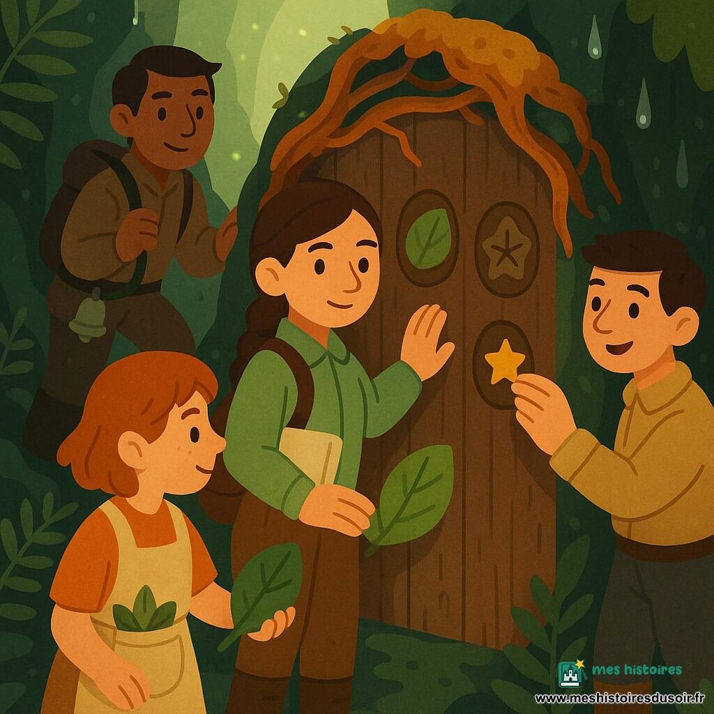 Mila, exploratrice calme et déterminée au sourire doux, cheveux bruns en tresse, veste vert clair, sac brun et carnet crème sous le bras, pose la main sur une vieille porte en bois humide; derrière elle Nino (35 ans), peau mate, bottes boueuses et petite clochette argentée à la ceinture, tient une liane prêt à aider; à gauche Ily (20 ans), cheveux courts roux, tablier à poche pleine de feuilles, insère une grande feuille verte brillante dans un creux sculpté, et à droite Toma (30 ans), visage souriant, veste beige, tient un petit timbre étoilé doré qu'il va déposer dans un autre creux; lieu : passage étroit dans une falaise couverte de fougères et de mousse orange, murs humides avec gouttes et lumières vertes filtrant la brume; situation : les trois signes gravés sur la porte accueillent la clochette, la feuille et le timbre, gestes lents et attentionnés, petite lanterne chaude au sol éclairant les visages; style graphique : couleurs plates et contrastées, formes simples et rondes, textures légères de bois et mousse, arrière-plan brumeux, composition centrée sur la porte et le groupe.