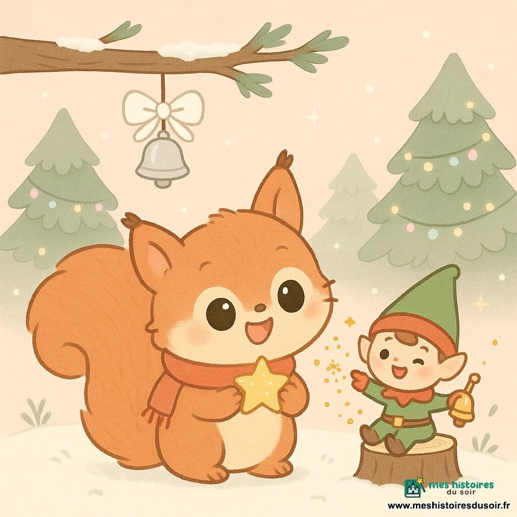 Noisette, petit écureuil roux et duveteux avec une écharpe rouge et un air émerveillé, tient une petite étoile dorée scintillante tandis que le Lutin Farceur, un minuscule elfe en costume vert et rouge au chapeau pointu et au sourire malicieux, jette des paillettes dorées d'une main et tient une clochette de l'autre, posé sur une souche à côté de Noisette; au-dessus, une branche basse porte un nœud en forme de flocon blanc avec une clochette argentée; tout se déroule dans une forêt de Noël enneigée aux sapins saupoudrés de neige et guirlandes pastel, sol couvert de petites empreintes, ciel crépusculaire rose pâle, lumière dorée douce, ambiance chaleureuse, magique et joueuse.