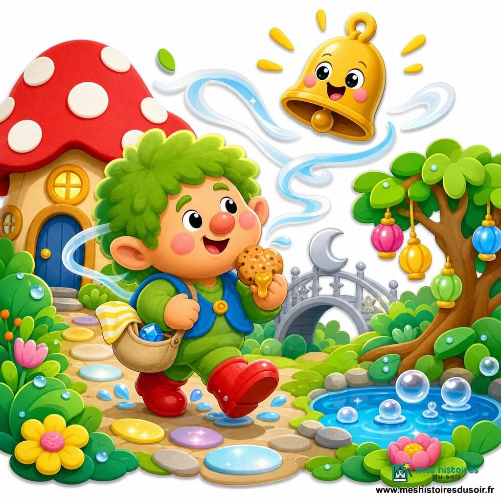 Toubou, un troll rond et mignon aux cheveux verts mousse, nez bouton et bottes rouges, sourit en avançant vers la droite en tenant un biscuit au miel ; il porte une petite poche beige contenant une pierre bleue brillante et un mouchoir rayé jaune. Une petite cloche dorée et rieuse vole au-dessus du sentier, entourée de rubans translucides blancs et bleus qui suggèrent le vent; Toubou la suit sur un chemin pavé de pierres lumineuses dans une clairière colorée avec un grand champignon-maison rouge à pois blancs, feuilles vernies, un pont argenté au loin, une mare à bulles et un arbre aux lanternes multicolores, le tout dans une ambiance douce aux couleurs vives et contours arrondis, style gommettes.