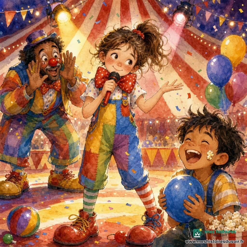 Fille de 10 ans, ravie et timide, joues rosies et yeux brillants, en salopette multicolore, énorme nœud papillon rouge, chaussettes rayées, tenant un faux micro et faisant un geste comique au centre de la scène ; Bobo le clown (≈40 ans), drôle et bienveillant, nez rouge, maquillage discret et chaussures trop grandes, se tient en retrait à gauche en faisant une grimace exagérée pour l'encourager ; garçon d’environ 8 ans au premier rang à droite rit aux éclats, tient un ballon bleu et a une tache de pop‑corn sur la joue ; grand chapiteau rayé rouge et blanc orné de guirlandes lumineuses chaudes, projecteurs jaunes et roses, confettis colorés ; scène de répétition/spectacle joyeux avec accessoires de cirque (ballons, balles, faux nez), ambiance festive ; style aquarelle douce et contrastée, textures de papier visibles, éclaboussures de peinture autour des lumières et des confettis, palette vive (rouge, jaune, bleu, vert) avec ombres légères.