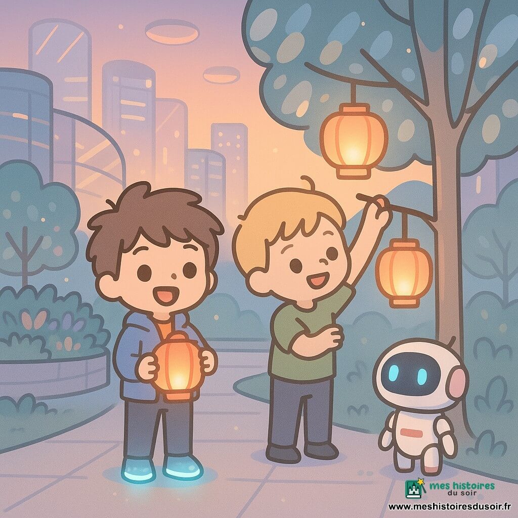 Hugo, 6 ans, souriant, cheveux bruns en bataille, veste bleu clair, tient un lampion rouge allumé ; Max, environ 6 ans, joyeux, cheveux blonds courts, t-shirt vert, l'aide à l'accrocher à une branche ; un petit robot blanc et rose aux yeux LED bleus, perdu, se tient au pied d'un arbre ; lieu : parc urbain du futur au crépuscule avec allées pavées luisantes, arbres aux feuilles miroirs, jardins suspendus et tours en verre ; situation : les garçons allument et accrochent des lampions flottants qui éclairent doucement le parc, ambiance chaleureuse et ciel orangé.
