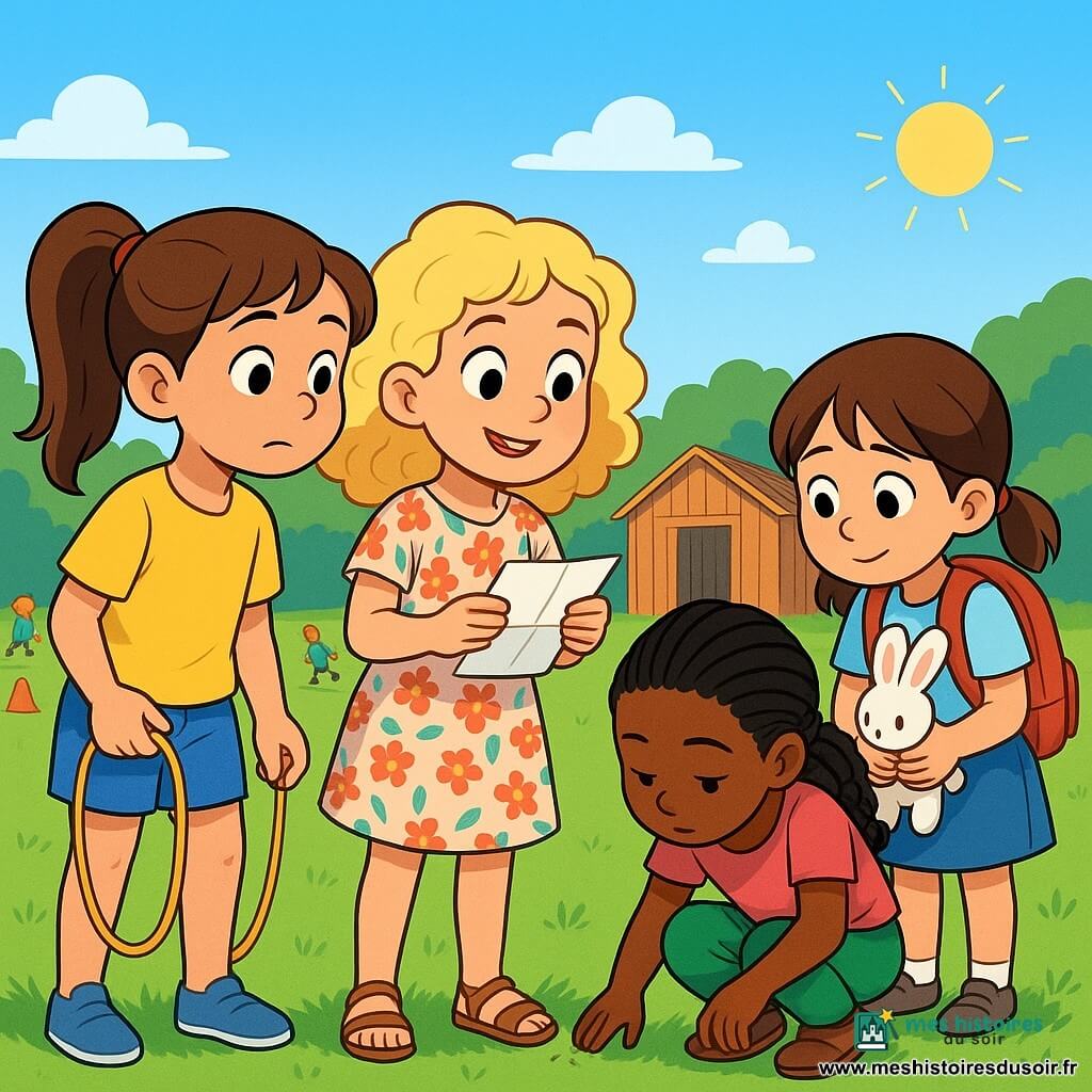 Quatre filles sont présentes : Léna, 9 ans, cheveux bruns en queue de cheval, t-shirt jaune et short bleu, tient une corde à sauter ; Zoé, 8 ans, cheveux blonds bouclés, robe à fleurs, sourit en tenant un papier plié ; Malika, 9 ans, cheveux noirs tressés, t-shirt rose et pantalon vert, est accroupie en examinant le sol ; Inès, 7 ans, couettes brunes, sac à dos rouge et jupe en jean, tient un lapin en peluche, timide. L'action se déroule sur un terrain de sport avec de l'herbe verte, un cabanon et des plots orange. Les filles enquêtent sur le désordre du cabanon, Léna et Malika scrutent le sol, Zoé montre le papier à Inès, qui est hésitante mais curieuse. L'atmosphère est mystérieuse et amicale, ponctuée de rires et de sourires.