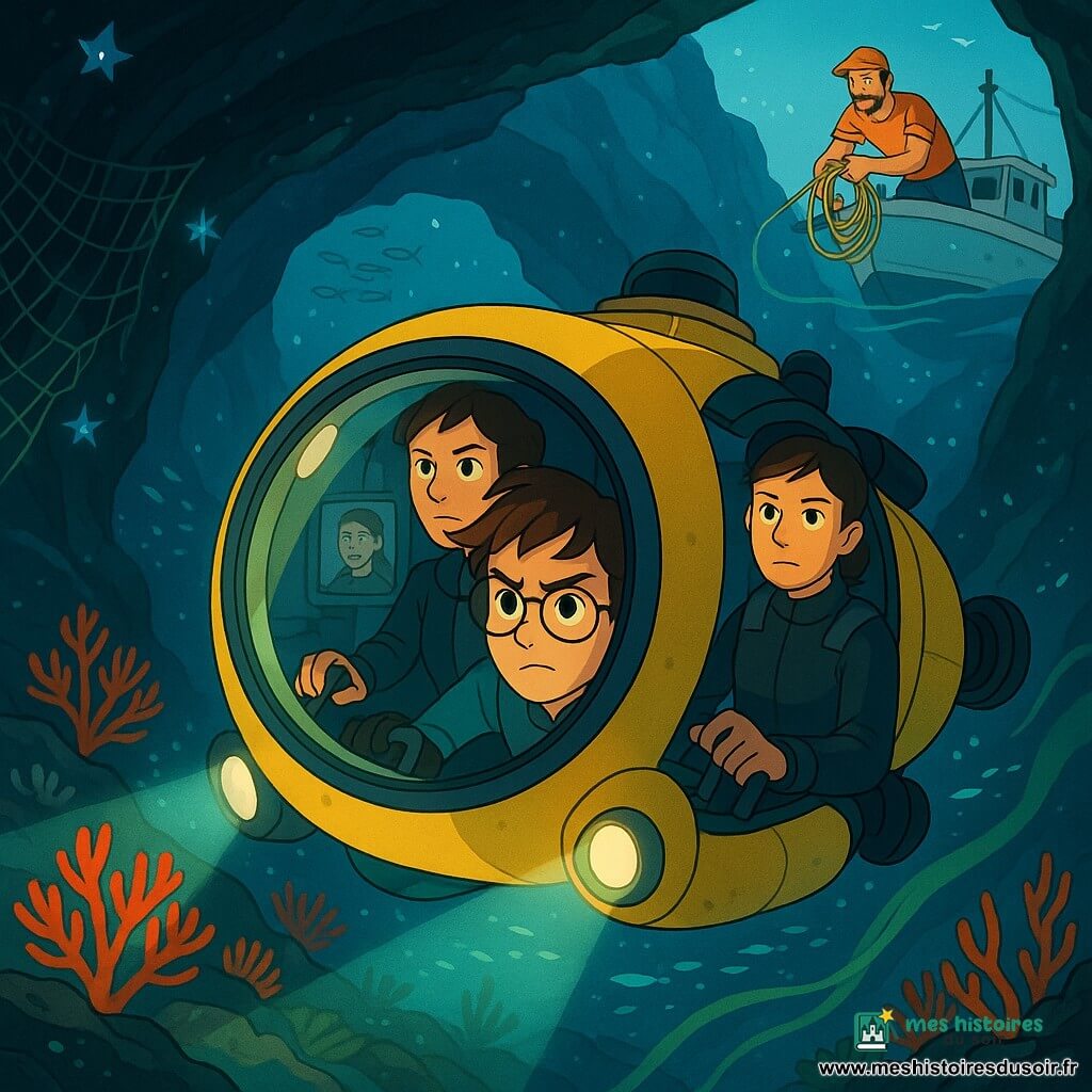 Garçon de 12 ans aux lunettes et cheveux châtains en bataille, concentré et courageux, serre l’accoudoir d’un petit submersible jaune et regarde par le hublot; derrière lui Inès, mécanicienne d’environ 30 ans en tenue sombre et combinaison partielle, tient les commandes, tandis que Maëlys, capitaine d’environ 38 ans, apparaît vigilante dans un module de secours à l’arrière et Tarek, matelot d’environ 25 ans, est visible en surface sur le pont préparant des cordages; le submersible glisse à travers un récif corallien rouge et orange, entre des arches rocheuses brillantes, étoiles bioluminescentes bleues et bancs de poissons argentés, poussé par un courant vert qui déroule des rubans tandis qu’un filet de pêche abandonné menace sur la gauche; ambiance tendue et émerveillée, couleurs saturées et contrastées, éclairage dramatique des bioluminescences et des hublots, composition centrée sur le garçon.