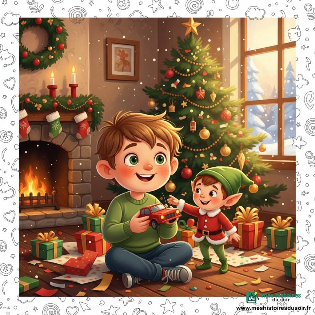 Un garçon de 8 ans aux cheveux châtain clair et yeux verts, souriant, tient une voiture télécommandée rouge assis au milieu de papiers cadeaux déchirés; à droite, Léo, un lutin d’environ 30 cm à la peau claire, bonnet vert pointu et veste rouge bordée de fourrure, pose une main sur son épaule près d’un sapin décoré de boules rouges, guirlandes dorées et lumières clignotantes; le salon cosy avec parquet foncé et cheminée en pierre, chaussettes suspendues et neige visible à la fenêtre, baigne dans une lumière douce et chaude, conférant une ambiance festive avec rubans brillants et confettis au sol.