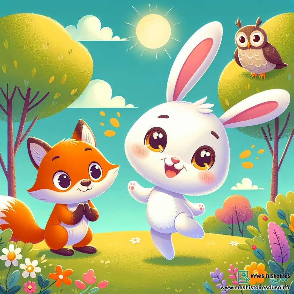 Un petit lapin blanc nommé Léo, avec de grandes oreilles et des yeux curieux, se tient au centre, souriant et sautant de joie, confiant. À sa droite, un renard orange vif applaudit Léo avec fierté. À gauche, un hibou sage, perché sur une branche, sourit et encourage Léo. La scène se déroule dans un parc ensoleillé, rempli de fleurs colorées et d'arbres verdoyants, sous un ciel bleu clair avec des nuages blancs. Léo vient de surmonter sa timidité et se joint à ses amis pour jouer à cache-cache, célébrant sa nouvelle confiance.