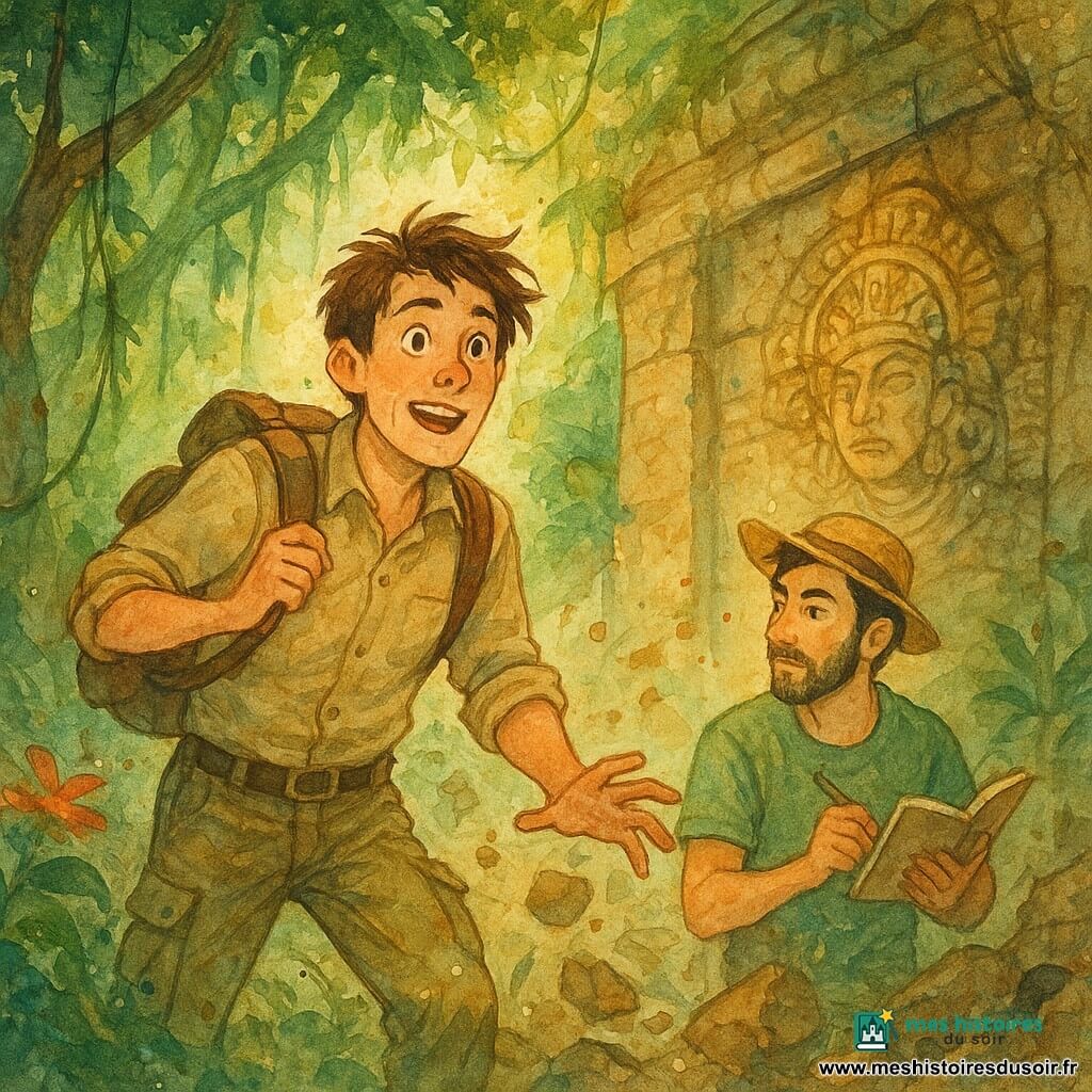 Victor, un homme d'une trentaine d'années aux cheveux bruns en désordre et aux yeux pétillants, se tient au centre d'un ancien temple caché dans la jungle. Il porte une chemise beige, un pantalon cargo et un sac à dos rempli d'outils d'exploration, affichant une détermination mêlée d'émerveillement. À ses côtés, Thomas, environ 28 ans, avec des cheveux noirs et une légère barbe, observe les fresques du temple, chapeau de paille sur la tête, carnet de croquis et crayon à la main. La jungle luxuriante est peuplée d'arbres géants, de lianes et de fleurs colorées, tandis que des rayons de soleil illuminent les gravures mystérieuses sur les murs. L'ambiance est magique mais tendue, alors qu'un tremblement de terre secoue le sol, menaçant leur découverte.