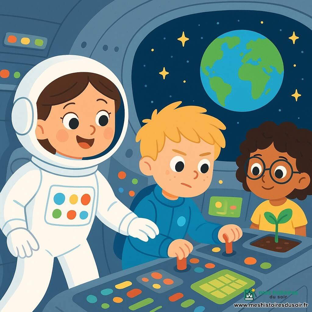 Lila, une astronaute souriante aux cheveux bruns en chignon et portant une combinaison blanche brillante, flotte dans une fusée futuriste. Ses yeux pétillent d'excitation alors qu'elle est entourée de boutons colorés et d'écrans lumineux. À côté d'elle, un garçon pilote d'environ 10 ans, avec des cheveux blonds en bataille et une combinaison bleue, se concentre sur les commandes. Une fille de 9 ans, portant des lunettes et ayant des cheveux frisés, observe des plantes dans un jardin flottant près de la fenêtre. La fusée, aux parois métalliques argentées et remplie de lumières clignotantes, offre une vue sur la Terre, ronde et bleue, dans un ciel étoilé. Lila et son équipe préparent leur mission dans l'espace, riant et s'entraidant, alors que la fusée vibre doucement, prête à décoller vers les étoiles.