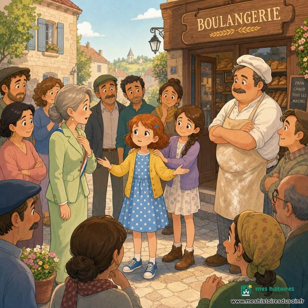 Une fillette de 8 ans, Lily, visage rond et taches de rousseur, robe bleue à pois et gilet jaune, mains ouvertes calmant la foule au centre; sa meilleure amie aux cheveux bruns en tresse, main sur son épaule; un boulanger d’environ 50 ans au tablier farineux près de la boulangerie à droite; la maire d’une quarantaine d’années, cheveux gris en chignon, tailleur vert pâle, à gauche, l’air soulagé; plusieurs villageois formant un demi‑cercle dont les visages passent de l’inquiétude à l’apaisement; place de village pavée avec boulangerie à enseigne en bois, maison en pierre aux volets bleus et pots de fleurs, ciel clair du matin et lumière douce; scène de réparation où Lily révèle un secret qui calme progressivement la foule; style graphisme aux traits ronds, couleurs pastel chaudes, textures douces et composition claire centrée et lumineuse sur Lily.