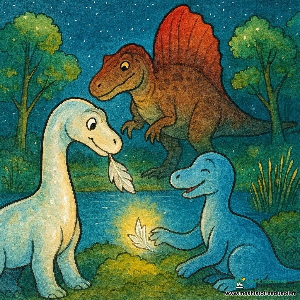 Un diplodocus nommé Nacre, à la peau brillante, tient une feuille argentée dans sa bouche. À côté, Tesselle, une diplodocus à la peau bleutée, sourit avec reconnaissance, sa patte arrière guérie. Derrière eux, Skara, un spinosaurus avec une crête rouge, observe avec un regard protecteur. Ils sont au bord du lac de Miroir, entourés de roseaux scintillants et d'arbres luminescents, sous un ciel étoilé. Nacre pose la feuille sur la patte de Tesselle, illuminant la vallée d'une lumière argentée, tandis que les autres dinosaures applaudissent.