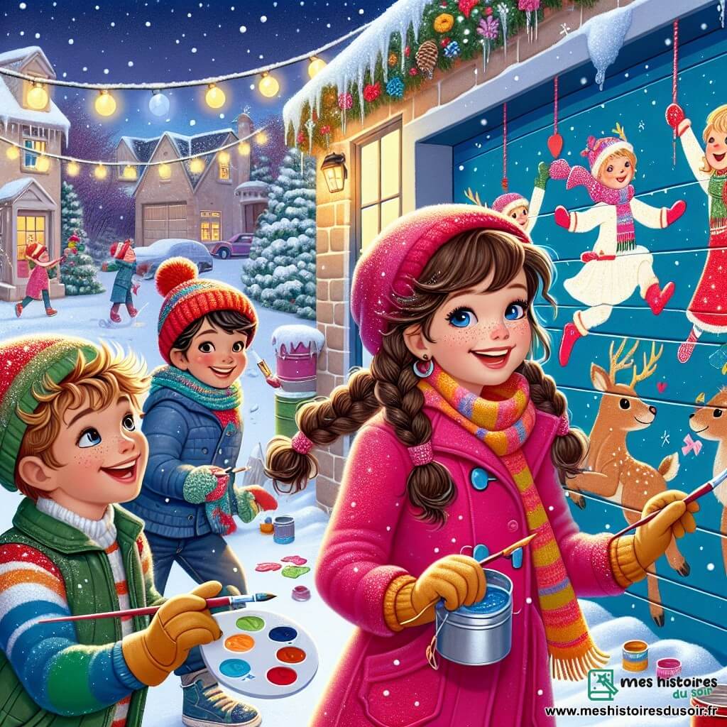 Au centre de l'image, Camille, une petite fille de 9 ans avec de longs cheveux bruns tressés et un grand sourire, peint une fresque colorée sur un mur de garage. Elle est vêtue d'un manteau rose vif, d'une écharpe bleue et de gants jaunes, ses yeux brillent d'excitation. À sa droite, Clara, 10 ans, avec des cheveux blonds bouclés, peint des rennes dansants, portant un bonnet rouge et une veste verte, riant joyeusement. À gauche, Lucas, 9 ans, avec des cheveux châtains en bataille, ajoute des enfants jouant dans la neige, vêtu d'un manteau bleu et d'une écharpe à rayures, concentré et enthousiaste. En arrière-plan, le garage est décoré de guirlandes lumineuses, et la neige recouvre le sol, créant un paysage hivernal magique avec des flocons tombant doucement. La scène montre Camille et ses amis peignant ensemble une fresque joyeuse qui célèbre l'hiver, entourés de rires et de créativité.