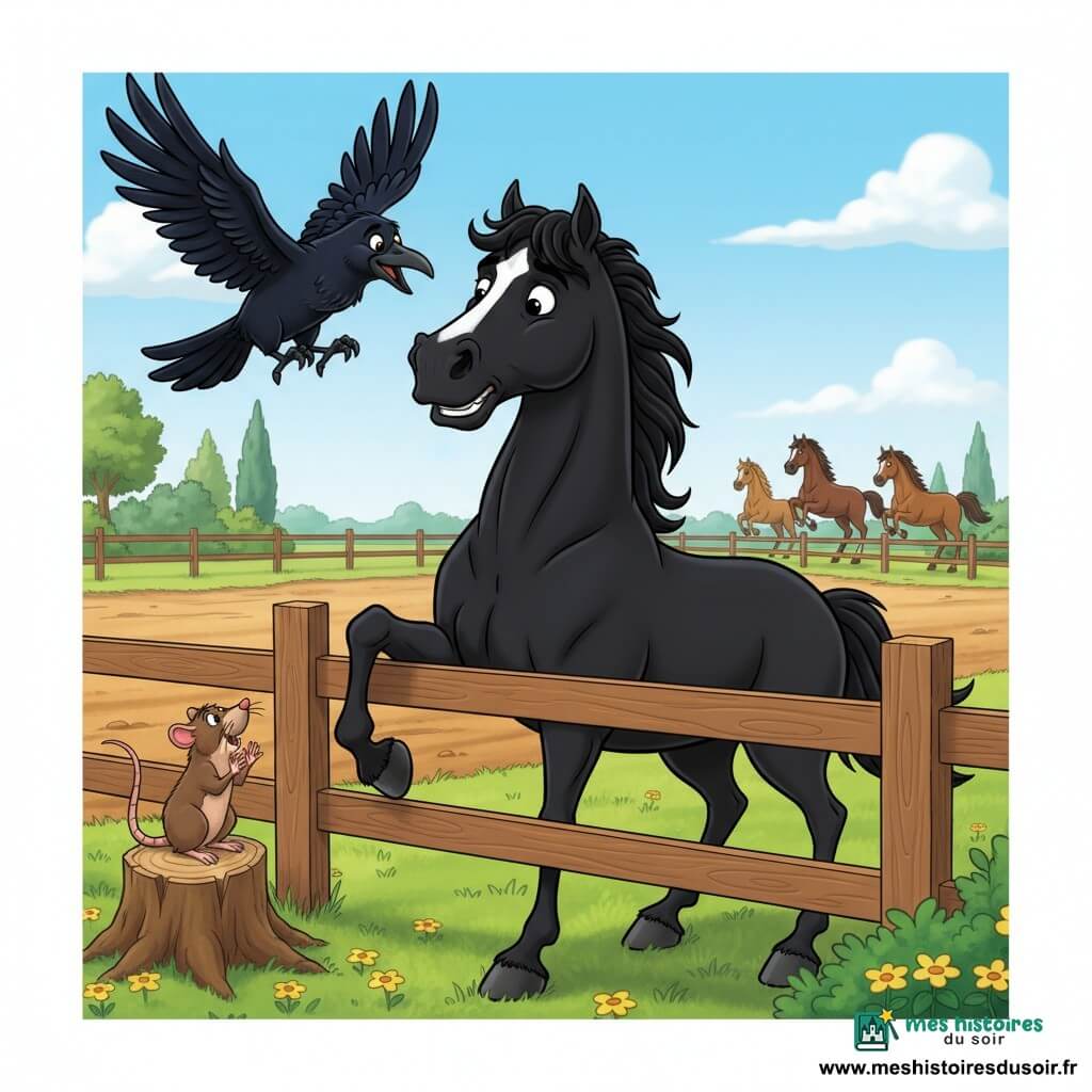 Un grand cheval noir au sourire doux, crinière ondulée et regard brillant hésite devant une clôture en bois, patte levée et muscles tendus; un corbeau aux plumes luisantes vole juste au‑dessus en criant ses encouragements et un petit rat brun perché sur une souche semble applaudir; autour, un champ vert parsemé de fleurs jaunes et une piste de terre, avec quelques chevaux colorés sautant la clôture en arrière‑plan; ambiance lumineuse et joyeuse, couleurs saturées, contours ronds et textures douces, le cheval rassemble son courage pour sauter tandis que ses amis l'encouragent.