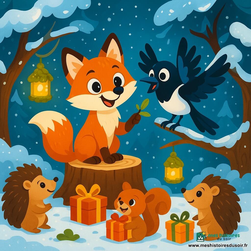 Un petit renard roux, nommé Friselis, se tient sur une souche dans une clairière enneigée, souriant joyeusement avec une brindille à la main. À côté de lui, une pie nommée Plume bat des ailes avec enthousiasme, prête à applaudir. La clairière est entourée d'arbres chargés de neige, éclairée par des lanternes en mousse et brindilles. Les animaux de la forêt, comme des hérissons et des écureuils, se rassemblent autour d'eux, découvrant des cadeaux devant leurs terriers. C'est une fête du Nouvel An magique, célébrant l'amitié et la générosité.
