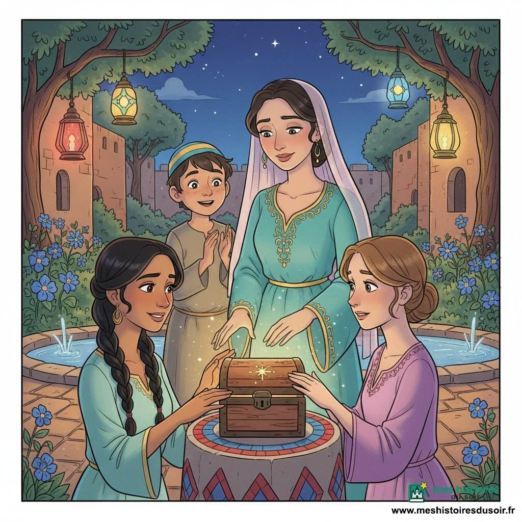 Aïcha, 30 ans, au visage doux et sourire timide, porte une robe longue turquoise brodée d’or et un voile rose pâle, la main posée protectrice sur un petit coffre en bois; Nour, 28 ans, sœur, peau mate, cheveux noirs tressés, le visage tendu qui s’apaise, tend la main droite vers le couvercle à gauche du coffre; Lila, 26 ans, sœur, cheveux châtain clair en chignon, hésitante puis émue, pose la main gauche à côté de celle de Nour à droite du coffre; Sami, garçon d’environ 8 ans aux joues poussiéreuses et petit bonnet coloré, applaudit doucement en arrière-plan à gauche d’Aïcha. Scène nocturne dans un jardin secret : allée pavée, bassinet d’eau brillant, fleurs lumineuses bleu et or, lanternes en verre coloré et murs ocre en arrière-plan. Le coffre verni brun, avec inscription dorée, posé sur un socle de pierre au centre d’une mosaïque rouge et bleue, émet une douce lueur lorsque les mains se joignent. Style graphique aux lignes rondes, couleurs riches et douces (turquoise, ocre, or, bleu nuit), expressions lisibles, atmosphère magique et chaleureuse, sans éléments effrayants.