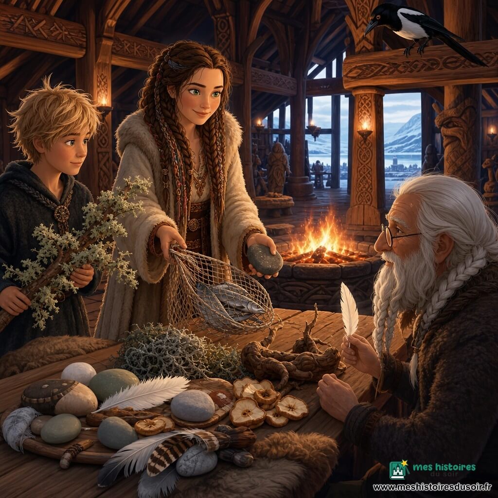 Astrid, visage serein et déterminé, yeux verts, cheveux bruns tressés, vêtue d’un manteau en peau et d’une robe brodée, sourit en posant un filet de poissons et une pierre polie sur la table centrale; un vieil homme voûté à barbe blanche et lunettes observe près du feu tenant une plume, un garçon d’environ 14 ans aux cheveux blonds apporte une branche garnie de lichens et se tient légèrement en retrait, et une pie noire et blanche, malicieuse, est perchée sur une poutre; la scène se déroule dans une grande halle nordique en bois sombre avec des tables et bancs couverts de peaux, poutres sculptées de runes et un grand foyer central, portes ouvertes sur la neige et le fjord; banquet communautaire où chacun dépose des offrandes naturelles (pierres, plumes, racines, fruits séchés), lumière chaude du feu mêlée aux reflets bleutés de la neige, ambiance de réconciliation et de partage.
