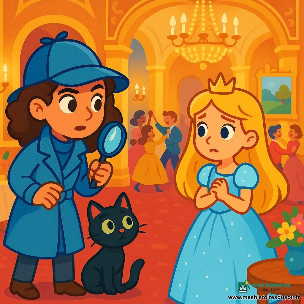 Léa, une jeune détective aux cheveux bruns et bouclés, porte un trench-coat bleu clair et un chapeau de détective. Elle a un regard déterminé et curieux, observant la salle. À ses côtés, Minou, un petit chat noir aux yeux verts, est assis sur ses pattes arrière. Dans la salle, la princesse Isabelle, une jeune fille d'environ 12 ans, porte une robe bleu pâle et a de longs cheveux dorés. Elle se tient au centre, l'air inquiet. Le château est orné de dorures, avec des lustres scintillants et des invités en costumes colorés dansant. Léa interroge la princesse Isabelle, tandis que Minou explore les environs, cherchant des indices sur le vol du Cœur de Diamant.