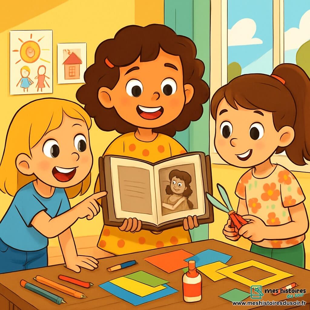 Trois personnages sont présents : Lila, une fille de 10 ans avec des cheveux bruns et bouclés, portant une robe jaune à pois, souriant au centre avec un album photo ancien ; Zoé, à gauche, avec des cheveux blonds et raides, en t-shirt bleu et short en jean, pointant une photo avec excitation ; et Margot, à droite, avec des cheveux châtains en queue de cheval, vêtue d'une blouse à fleurs et d'un pantalon vert, tenant des ciseaux et du papier coloré pour créer un cadre. La scène se déroule dans une chambre lumineuse aux murs pastel, remplie de fournitures d'art. Les trois amies, entourées de rires, travaillent sur un projet de restauration d'une vieille photo pour la fête des pères, symbolisant leur amitié et leur créativité.