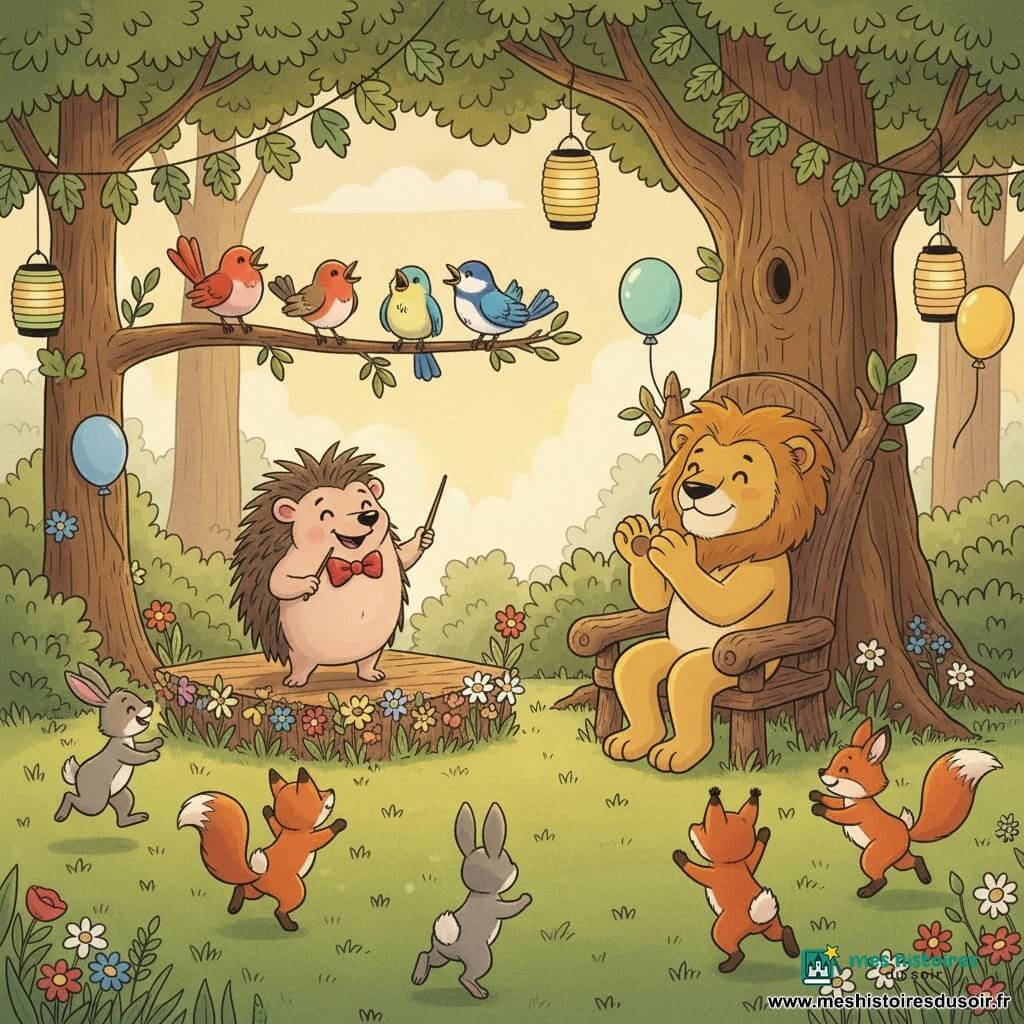 Hugo, petit hérisson rond et piquant, souriant et fier avec un nœud papillon rouge et une baguette de chef d'orchestre, se tient près d'une petite scène en bois où, à droite sur un trône d'écorce, le roi lion majestueux à la crinière dorée applaudit ; des oiseaux colorés perchés aux branches chantent tandis que lapins, écureuils et renards forment un demi-cercle sur l'herbe, la clairière ornée de guirlandes de feuilles, ballons pastel et lanternes en papier sous un grand chêne, fleurs sauvages tout autour, pour un concert d'oiseaux célébrant l'anniversaire du roi dans une ambiance chaleureuse et ludique, couleurs vives et lumière dorée de fin d'après-midi.