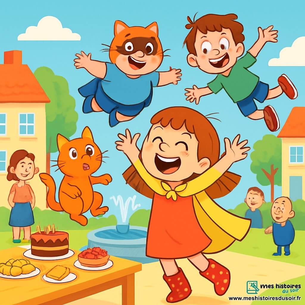 Zoé, une fille souriante de 8 ans, porte une cape jaune et des bottes à pois rouges. Ses yeux brillent d'excitation et elle rit aux éclats, les bras levés. À ses côtés, Biscotte, son chat orange aux yeux verts, flotte dans les airs, surpris. En arrière-plan, Patapouf, un garçon rondouillard de 9 ans avec un masque de chaton, et Gribouillis, un garçon aux cheveux en bataille, rient en flottant au-dessus d'une fontaine. La scène se déroule dans la ville colorée de Croquebonbon, avec des maisons pastel et des passants amusés. Une grande table est dressée pour une fête avec des gâteaux. Zoé, riant de bonheur après avoir éternué, provoque le vol inattendu de ses amis, créant une atmosphère joyeuse.