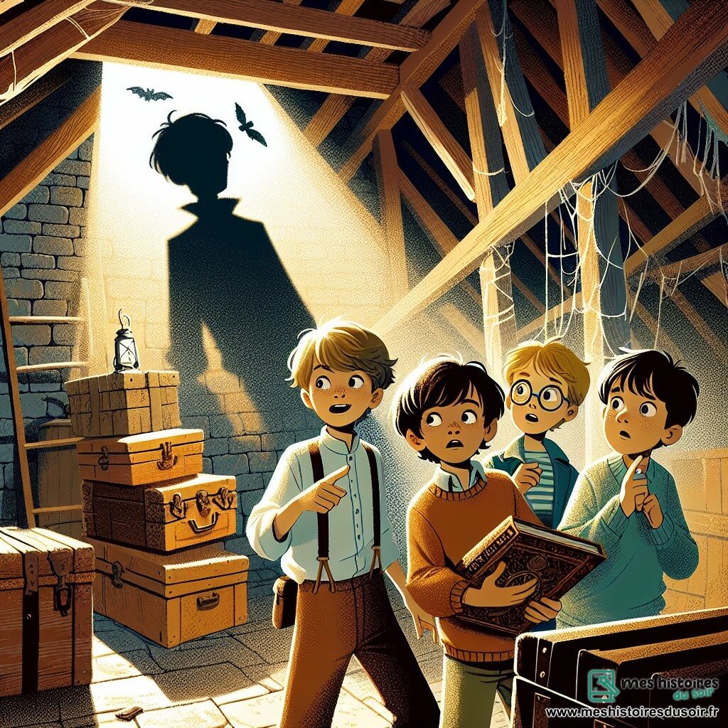 Dans un vieux grenier poussiéreux, quatre garçons se tiennent ensemble, éclairés par des lampes de poche. Hugo, 10 ans, tient un livre ancien, émerveillé. Paul, 11 ans, avec des lunettes, observe une ombre inquiétante sur le mur. Maxime, 10 ans, aux cheveux noirs, pointe l'ombre, fasciné et effrayé, tandis que Léo, 10 ans, en retrait, regarde avec surprise. Le grenier est rempli de vieilles malles, de meubles couverts de draps et de toiles d'araignées. La lumière crée des ombres dansantes, ajoutant à l'atmosphère mystérieuse. Au centre, l'ombre prend une forme humaine, captivant les garçons qui attendent de découvrir ses secrets.