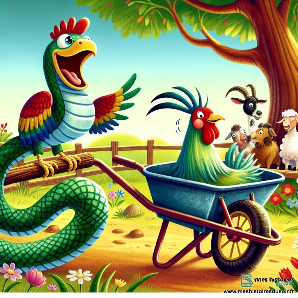 Un serpent nommé Sam, aux écailles vertes brillantes et au grand sourire, tire une vieille brouette colorée sous un grand arbre. Sam est expressif, avec des yeux pétillants et un corps sinueux. À côté de lui, Henri le coq, avec ses plumes rouges et dorées, est assis dans la brouette, riant aux éclats. Mireille la chèvre, avec sa fourrure blanche, observe la scène avec un sourire amusé. Le décor est une ferme ensoleillée avec des champs verdoyants et des fleurs colorées. Sam et Henri s'amusent à tirer la brouette, créant un moment de joie et de rires partagés.
