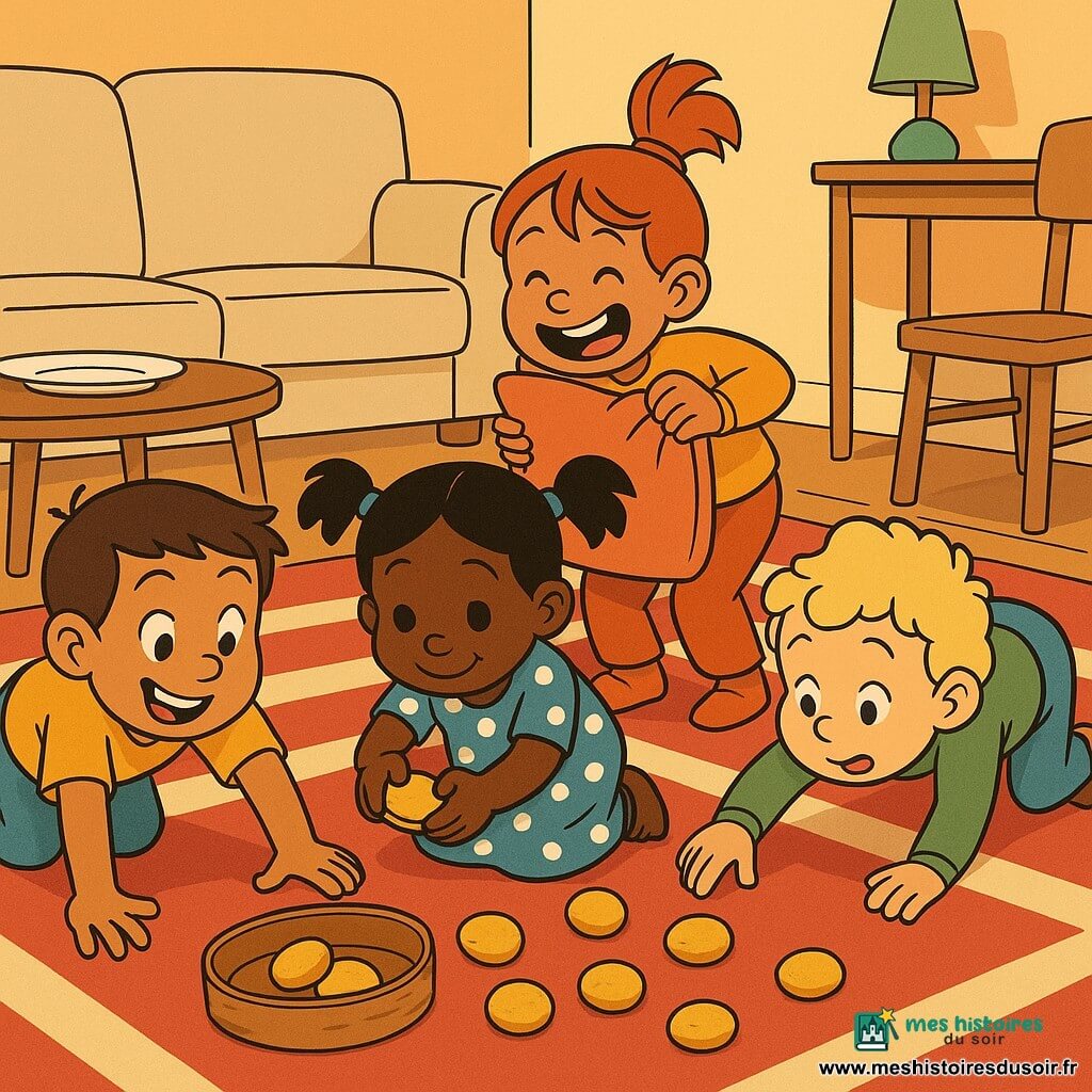 Quatre enfants dans un salon coloré : Léo (6 ans, cheveux bruns courts, t-shirt jaune) fait le pont à gauche en souriant, Mina (5 ans, cheveux noirs en couette, robe bleue à pois) est à genoux au centre et ramasse un biscuit, Tom (4 ans, cheveux blonds légèrement bouclés, pull vert) est à quatre pattes à droite et imite un chat en tendant la main vers un biscuit sous une chaise, Lola (5 ans, cheveux roux attachés, pantalon orange) tient un coussin en barrière derrière Mina en riant avec une dent manquante. Sur un grand tapis rayé rouge et crème, des biscuits dorés roulent vers un canapé beige ; une table basse avec une assiette blanche, une lampe verte sur une étagère et une chaise en bois complètent la scène joyeuse et dynamique.