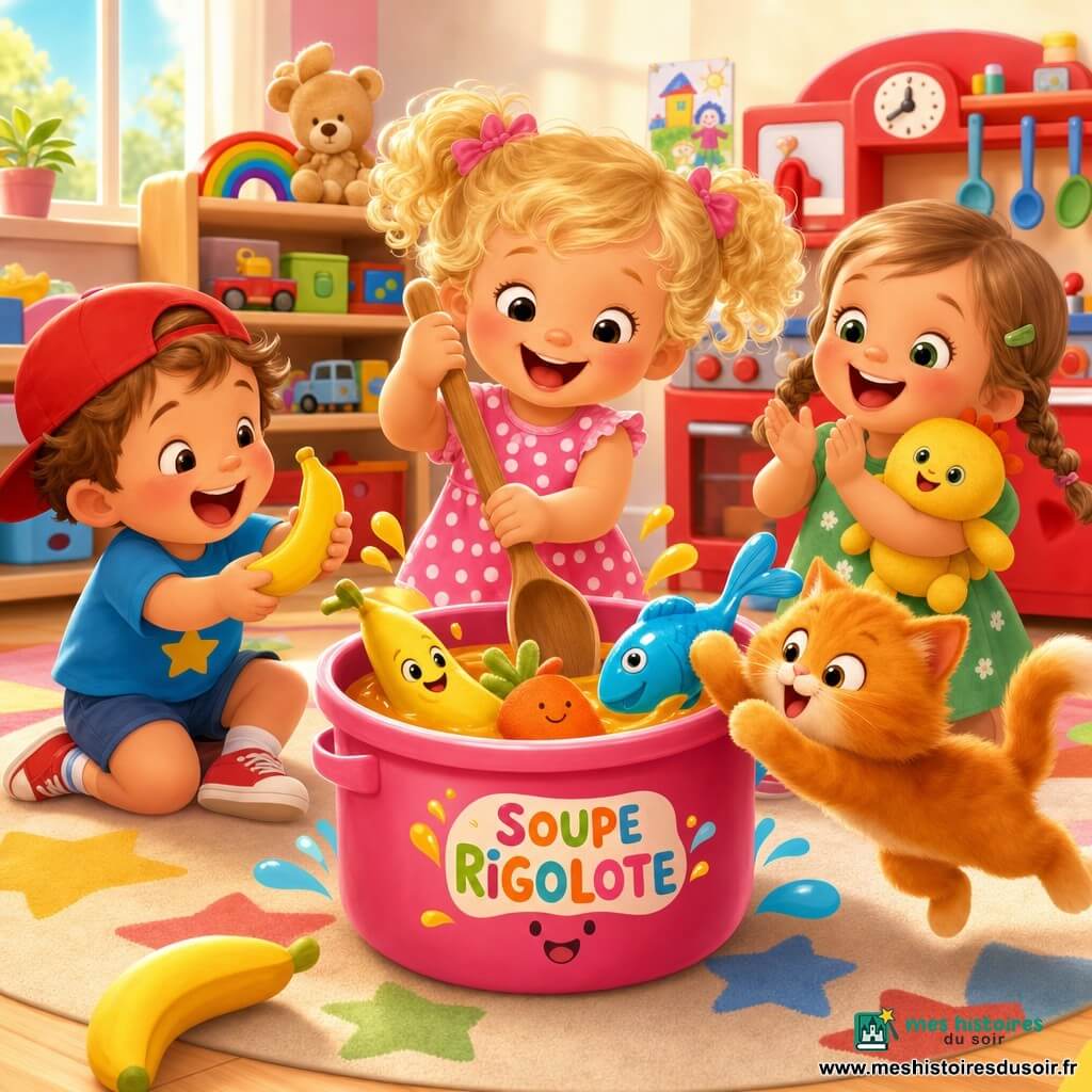 Zoé, 2 ans, souriante, cheveux blonds bouclés en couettes, robe rose à pois, remue une casserole en plastique avec une grande cuillère en bois ; Léo, ~3 ans, casquette rouge, t-shirt bleu, tient une banane en plastique et rit à gauche ; Mia, ~3 ans, cheveux châtain clair en nattes, doudou jaune, robe verte, applaudit à droite ; Max, petit chat roux, joue près de la casserole où mijote la "soupe rigolote" (banane jaune, carotte orange en tissu, poisson bleu brillant), une banane roule au sol, éclaboussures et visages amusés ; salle de jeu lumineuse avec sol en bois clair, tapis étoilé, étagères à jouets et petite cuisine rouge, palette vive, textures douces et ombres légères, composition centrée adaptée aux tout-petits.