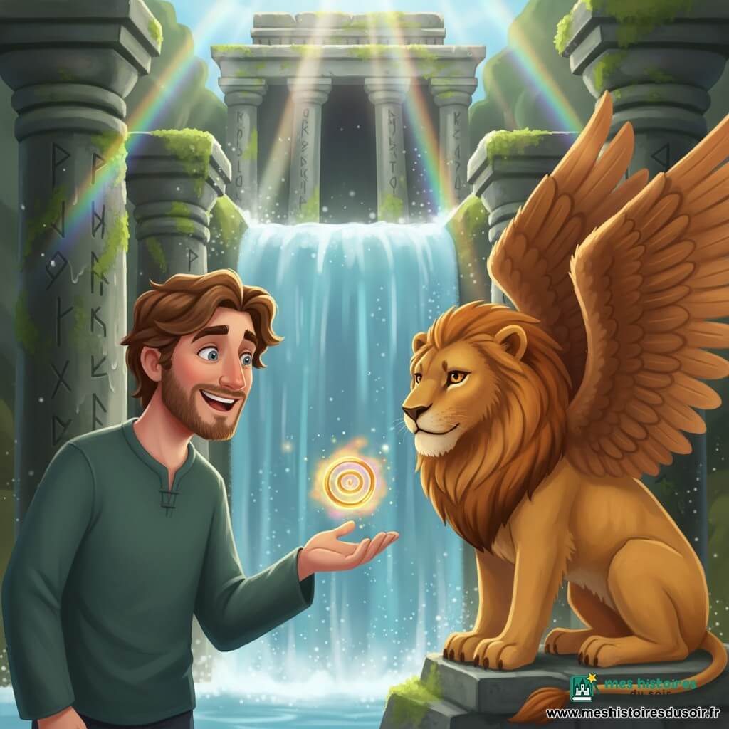 Alaric, sourire émerveillé, cheveux châtain en bataille et barbe courte, tend la main pour recevoir un petit symbole lumineux flottant au-dessus de sa paume ; face à lui, un lion ailé aux ailes d'aigle, fourrure dorée et plumes ocres, yeux ambrés, posé sur un socle de pierre, lui présente le symbole avec une patte griffue mais douce ; le temple derrière une cascade étincelante, murs de pierre couverts de mousse et runes lumineuses, colonnes humides et rayons colorés filtrant à travers la chute ; scène centrale paisible et magique, lumière chaude multicolore jaillissant du symbole, atmosphère d'émerveillement et de sécurité, couleurs riches et textures détaillées, style enfantin et accueillant, éclairage doux à contre-jour.