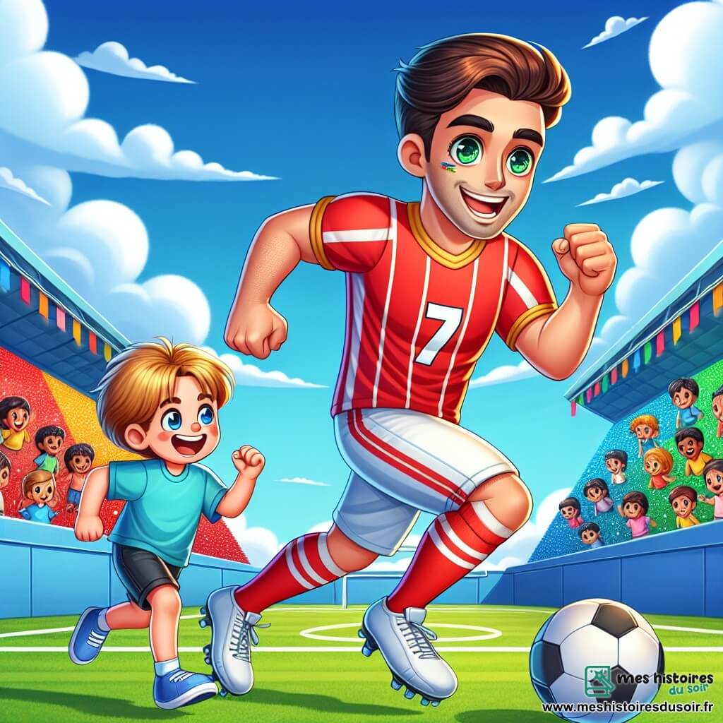 Max, un homme athlétique aux cheveux bruns et aux yeux pétillants, porte un maillot de football rouge et court et dribble le ballon sur un terrain verdoyant, souriant largement. À ses côtés, un petit garçon de 7 ans aux cheveux blonds et aux yeux bleus, en t-shirt bleu et short noir, l'observe avec admiration, les bras levés en encouragement. Le terrain est entouré de gradins colorés remplis de familles joyeuses, sous un ciel bleu parsemé de nuages blancs, avec des arbres verdoyants en arrière-plan. Max dribble avec agilité, tandis que le petit garçon rêve de devenir un grand joueur de football comme lui.
