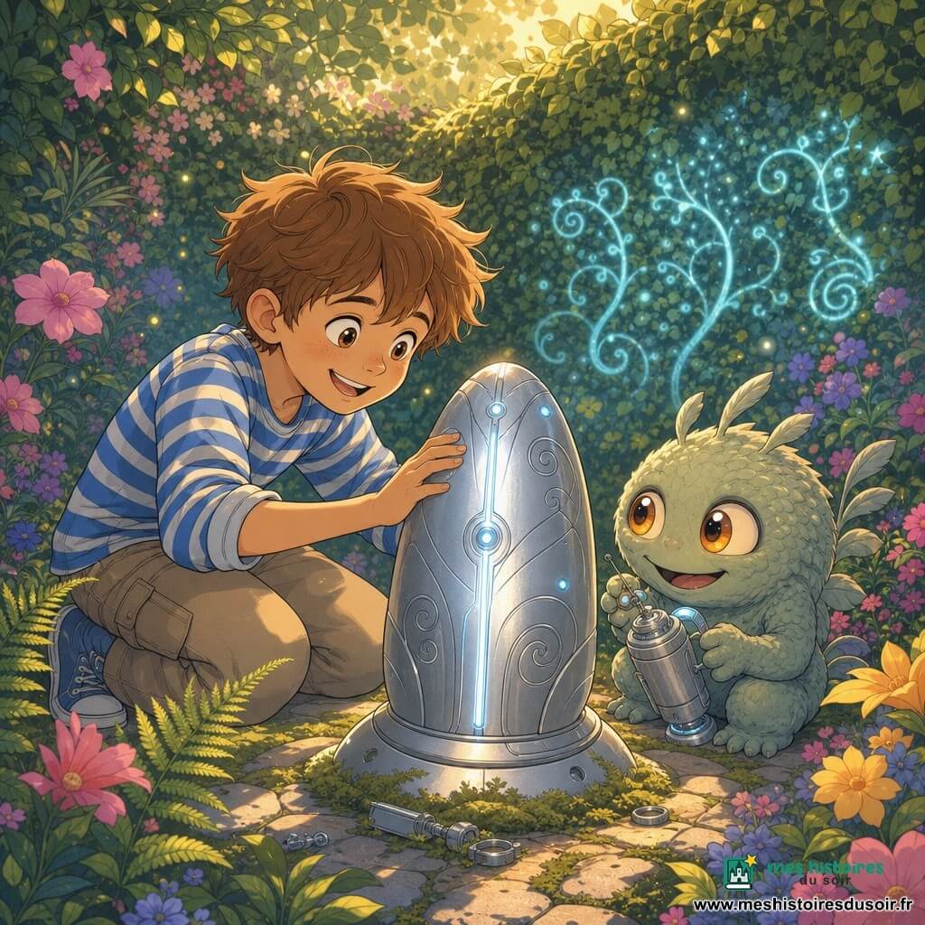 Un garçon de 10 ans, ému, cheveux châtain clair en bataille, chemise rayée bleu et blanc et pantalon en toile, tend la main vers une sonde argentée au centre d'un jardin clos; Zephyr, petite créature extraterrestre ronde au pelage écailleux vert pâle et yeux ambrés, lui montre un petit transmetteur argenté, malicieux et reconnaissant. Le jardin secret, entouré d'une haie dense, est rempli de fleurs colorées, fougères et pierres moussues baignés d'une lumière dorée; la sonde, capsule métallique lisse aux gravures et lignes lumineuses bleues, diffuse une douce lueur projetant motifs sur les buissons. Le garçon et Zephyr réparent ensemble le transmetteur près de la sonde, dans une ambiance chaleureuse et magique avec particules lumineuses flottantes et ombres douces.
