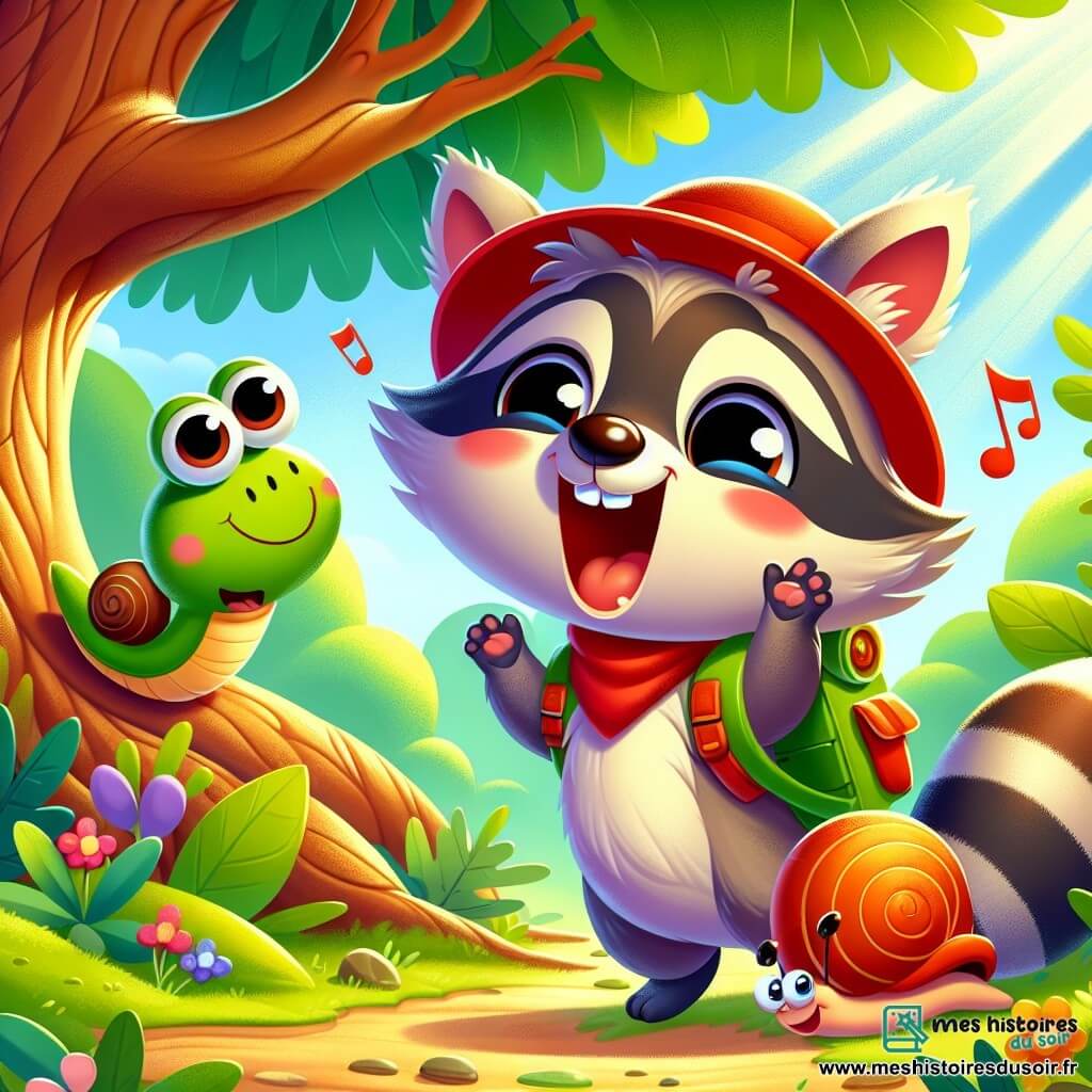 Un raton laveur joyeux, portant un petit chapeau rouge et un sac à dos rempli de friandises, chante sous un grand chêne. À côté, un escargot amusant glisse lentement sur une feuille, riant de son chant. La scène se déroule dans une forêt enchantée, où des rayons de soleil filtrent à travers les feuilles, créant des ombres dansantes sur le sol recouvert de mousse et de fleurs colorées. Max et Émile participent à un concours de chant avec les oiseaux, tandis que des amis animaux les regardent en riant, ajoutant une ambiance joyeuse à cette belle journée.