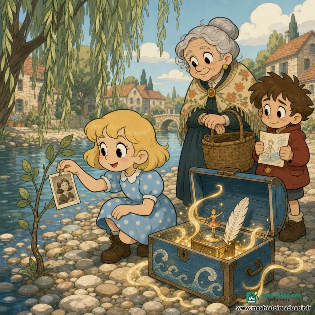 Lila, huit ans, cheveux blonds coupés en carré, souriante et déterminée, est accroupie au bord d'une rivière pavée de galets et dépose une vieille photo sur une branche comme on accroche une feuille ; elle porte une robe bleu ciel à pois et des bottines. Derrière elle, une grand-mère d'environ 70 ans, visage ridé mais doux, châle à fleurs et cheveux gris en chignon, se tient sur le sentier, main sur un panier, la regardant avec tendresse ; un garçon de six ans, cheveux bruns en bataille et manteau rouge, tient un dessin et observe, ému. À côté de Lila, un coffre en bois peint bleu, ouvert et sans serrure, laisse échapper une petite lueur dorée et des objets (plume, boîte à musique) ; saule pleureur, maisons en pierre aux toits orangés et palette pastel donnent une ambiance calme, magique et chaleureuse, style cartoon rétro, composition centrée sur Lila et le coffre.