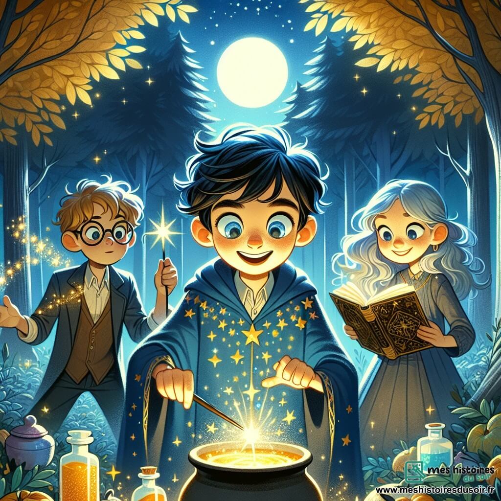 Théo, un jeune sorcier de douze ans, se tient au centre de la clairière, ses yeux brillants d'excitation. Il porte une robe de sorcier bleu nuit ornée d'étoiles, et sa baguette magique émet une lueur dorée. À sa droite, Luna, aux cheveux argentés, prépare une potion dans un chaudron, ajoutant des ingrédients colorés. À gauche, Max, avec des lunettes rondes, observe avec un grimoire ouvert, prêt à aider Théo. La clairière, entourée d'arbres aux feuilles dorées et baignée par la lumière de la lune, crée une atmosphère magique. Théo, Luna et Max sont unis, prêts à affronter une ombre maléfique, symbolisant la lutte entre le bien et le mal.