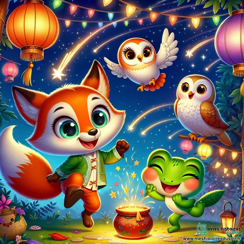 Félix, un renard orange vif avec de grands yeux pétillants et un sourire joyeux, danse sous un ciel étoilé, entouré de lanternes colorées. À ses côtés, Chacha la chouette, avec son plumage blanc, vole en pirouettes, ses yeux brillants d'excitation. Gracie la grenouille, verte et pleine de vie, saute joyeusement, éclaboussant un peu de gâteau au miel. La scène se déroule dans une clairière enchantée, illuminée par des lanternes en papier, où des guirlandes de feuilles décorent les arbres. Les amis célèbrent le Nouvel An, riant et dansant, entourés d'étoiles filantes, créant une atmosphère magique et festive.