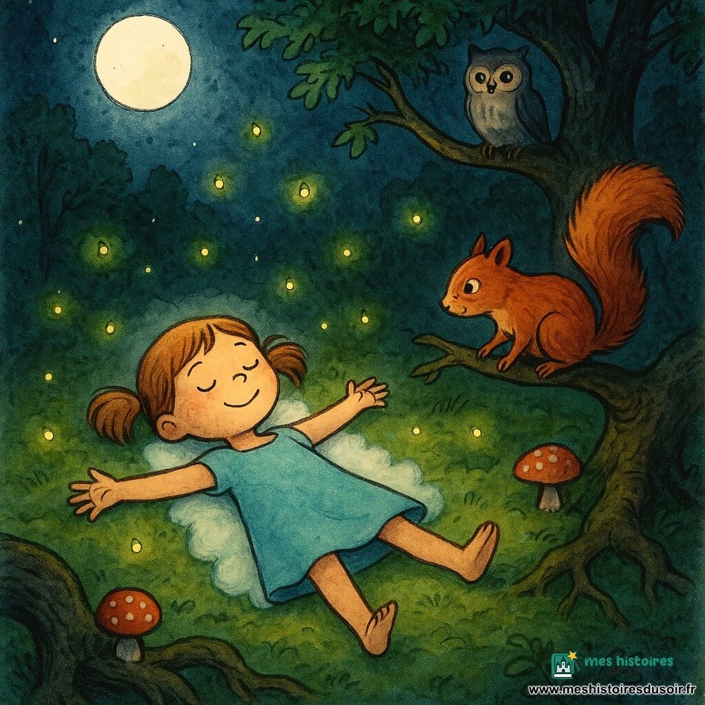 Lila, six ans, calme et souriante, cheveux châtain clair en couettes, porte une robe bleu pastel et est allongée sur le dos en posture d'étoile sur une clairière tapissée de mousse, un rayon de lune argenté l'éclaire, un petit écureuil roux perché sur une branche basse à droite la regarde, des lucioles jaunes et vertes flottent autour d'elle, un hibou gris clair observe depuis un châtaignier à l'arrière-plan, de petits champignons rouges à pois blancs et des troncs sombres complètent la scène ; elle semble enveloppée d'un duvet blanc imaginaire dans une atmosphère nocturne sereine aux touches aquarelle pastel et contrastes d'encre.