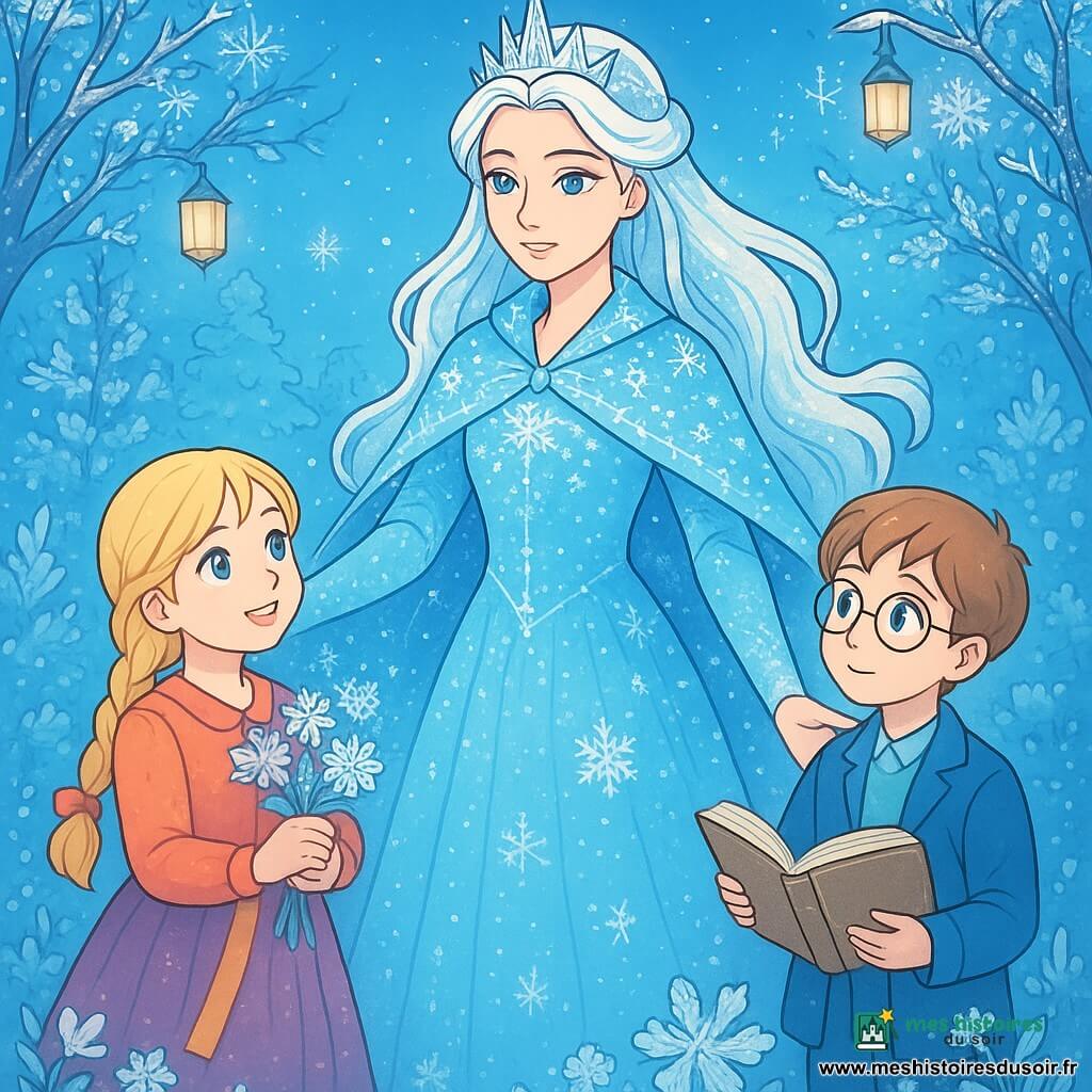 La Reine des Neiges, femme majestueuse d'une beauté éthérée, se tient au centre de la scène dans un manteau scintillant fait de flocons de neige. Son visage est doux, ses yeux brillent de détermination et elle tend la main en geste de réconciliation. À ses côtés, Gerda, une petite fille de 8 ans aux cheveux blonds, l'admire tout en tenant des fleurs de givre, tandis que Kay, un garçon de 9 ans avec des lunettes rondes, découvre un livre. La scène se déroule dans un jardin public enchanteur, avec des arbres couverts de glace et des fleurs de givre sous un ciel bleu clair, créant une ambiance magique. La Reine partage un moment d'apprentissage avec les enfants, expliquant comment transformer la froideur en chaleur et l'isolement en amitié.