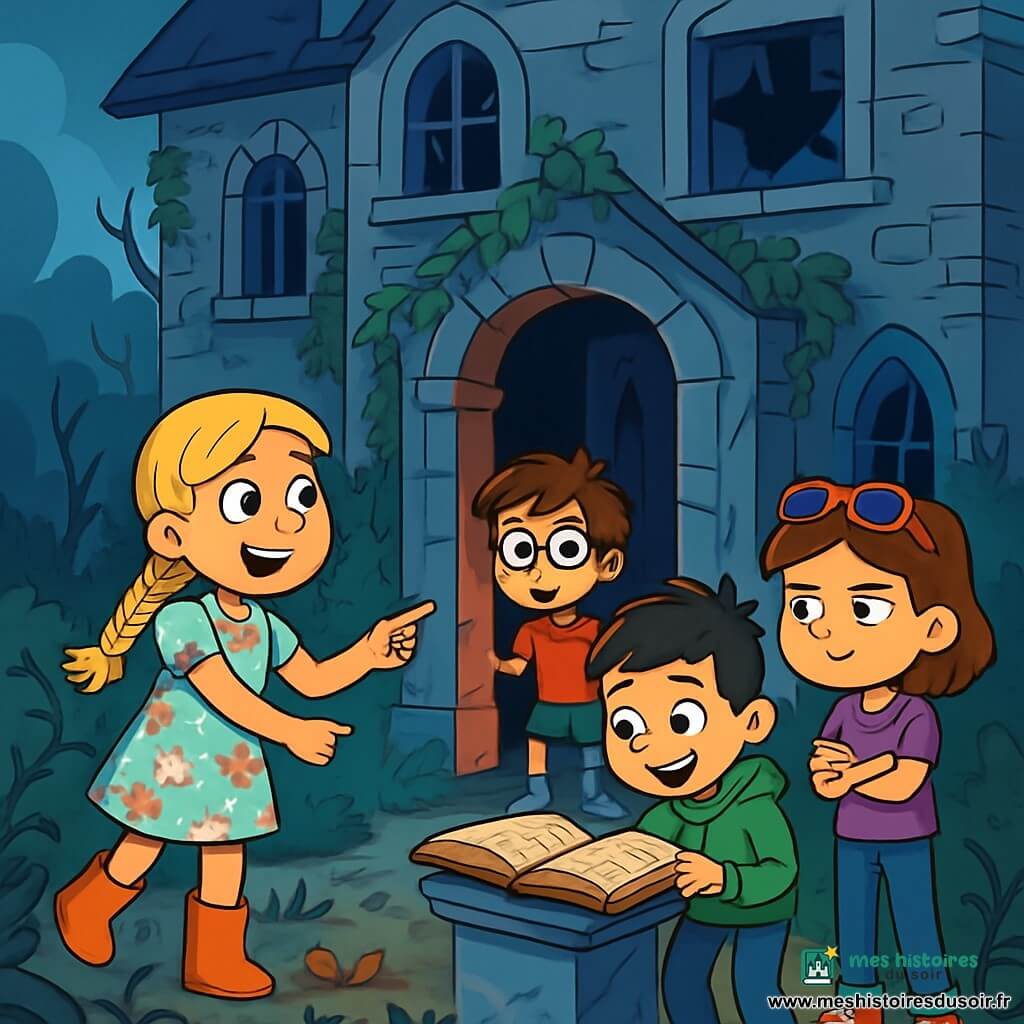 Quatre enfants se tiennent devant un vieux manoir mystérieux. Léo, 9 ans, avec des cheveux bruns en bataille et des lunettes rondes, porte un t-shirt rouge et un short bleu, affichant une curiosité palpable. Chloé, 8 ans, aux longs cheveux blonds tressés et sourire malicieux, en robe à fleurs et bottes en caoutchouc, pointe la porte entrouverte. Maxime, 9 ans, avec des cheveux noirs et des taches de rousseur, vêtu d'un sweat à capuche vert et d'un jean, est penché sur un livre ancien avec excitation. Zoé, 8 ans, châtaine et portant des lunettes de soleil, en t-shirt violet et pantalon en denim, observe les environs avec détermination. Le manoir, entouré de ronces et de feuilles mortes, a des murs en pierre grise couverts de lierre, avec des fenêtres brisées laissant entrevoir des ombres inquiétantes. Une brume légère ajoute à l'atmosphère mystérieuse alors que les enfants s'apprêtent à découvrir les secrets de ce lieu hanté.
