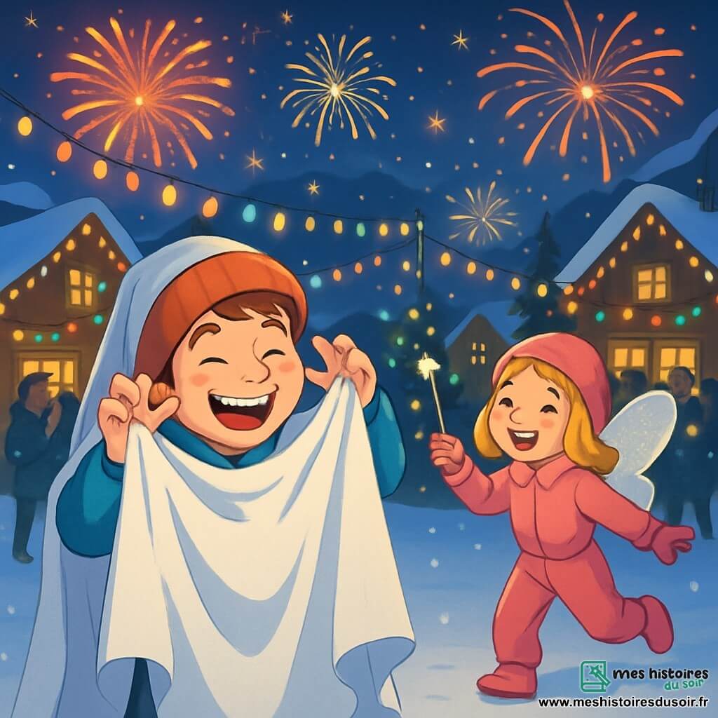 Un garçon de 12 ans, Lucas, souriant et vêtu d'un bonnet rouge et d'un manteau bleu, fait des grimaces en se déguisant en fantôme avec un drap blanc, riant à la fête. À côté de lui, sa sœur Clara, 10 ans, en combinaison de ski rose et ailes de fée, danse joyeusement avec une baguette en papier brillant. La scène se déroule sur une place d'un village de montagne, décorée pour le Nouvel An, avec des flocons de neige tombant. Lucas et Clara sont entourés de familles joyeuses, participant à la fête avec des feux d'artifice illuminant le ciel nocturne.