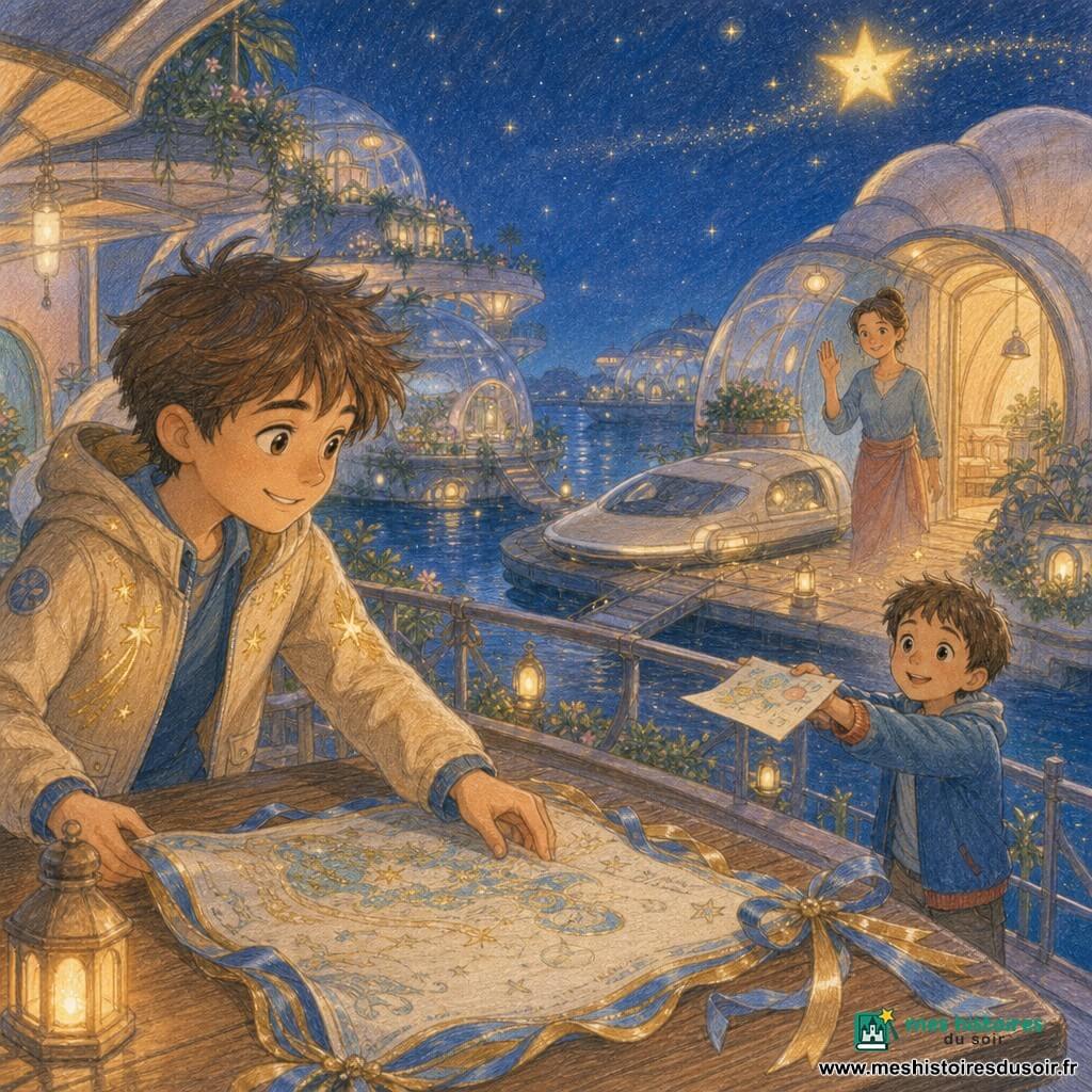Léo, jeune homme souriant aux cheveux bruns en bataille, pose une grande carte soyeuse ornée de rubans bleus et dorés sur une table en bois du balcon d’un module d’un archipel d’habitats flottants en forme de coquillages et bulles de verre; sa mère, une femme d’environ 35 ans au chignon, lui fait un petit signe depuis le hangar, un garçon d’environ 8 ans tend depuis la passerelle un dessin marqué "Merci, Léo", une navette plate et blanche est garée près du hangar, l’atmosphère est paisible et chaleureuse avec jardins suspendus, lanternes et une petite étoile amie brillante, rendu crayons de couleur aux traits doux, textures visibles et palette pastel.