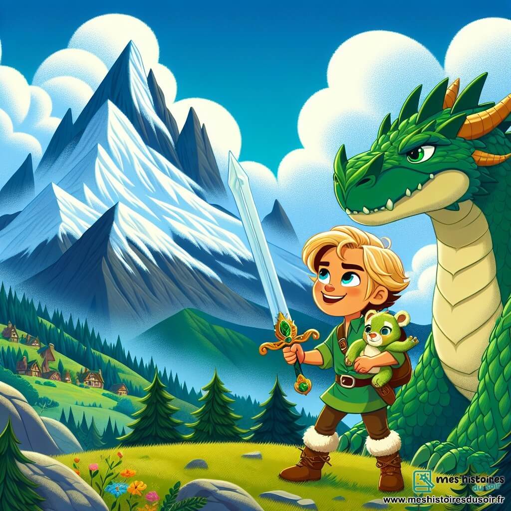 Léo, un jeune homme aux cheveux dorés et aux yeux brillants, se tient courageusement au sommet d'une montagne avec son épée décorée d'un dragon. Son visage exprime une détermination joyeuse en regardant le dragon Émeraude, un immense reptile aux écailles vert émeraude, à ses côtés. Mia, sa petite sœur de six ans aux cheveux châtains et aux yeux pétillants, se tient en retrait, émerveillée, avec un doudou dans les bras. Le décor est une montagne majestueuse avec des sommets enneigés sous un ciel bleu, entourée de forêts luxuriantes. Léo et Émeraude, unis dans une amitié inattendue, sont prêts à descendre vers le village pour montrer que la peur peut être surmontée par la gentillesse et l'amitié.